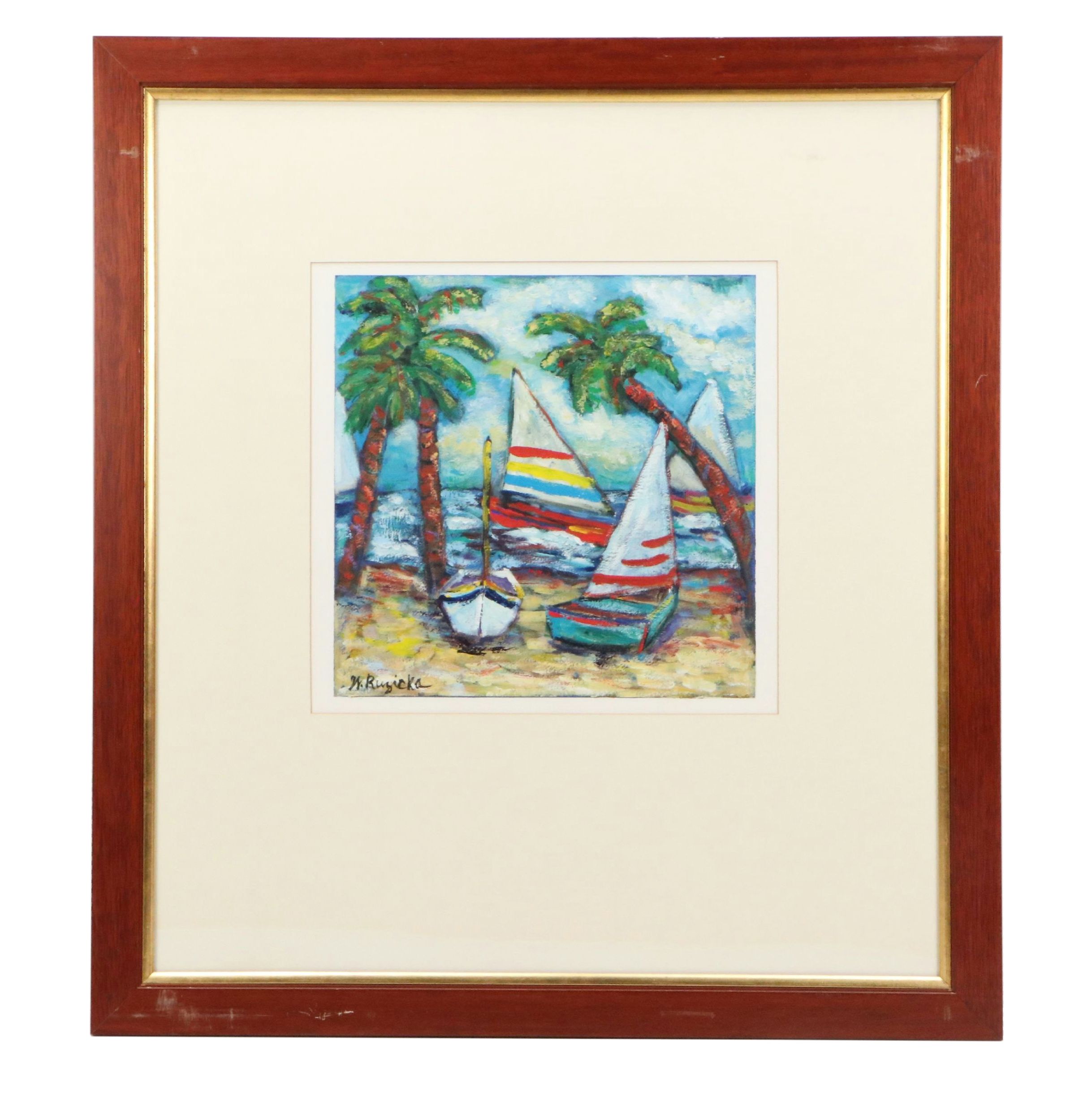 Wanda Ruzicka Oil Painting of Sailboats, Late 20th Century