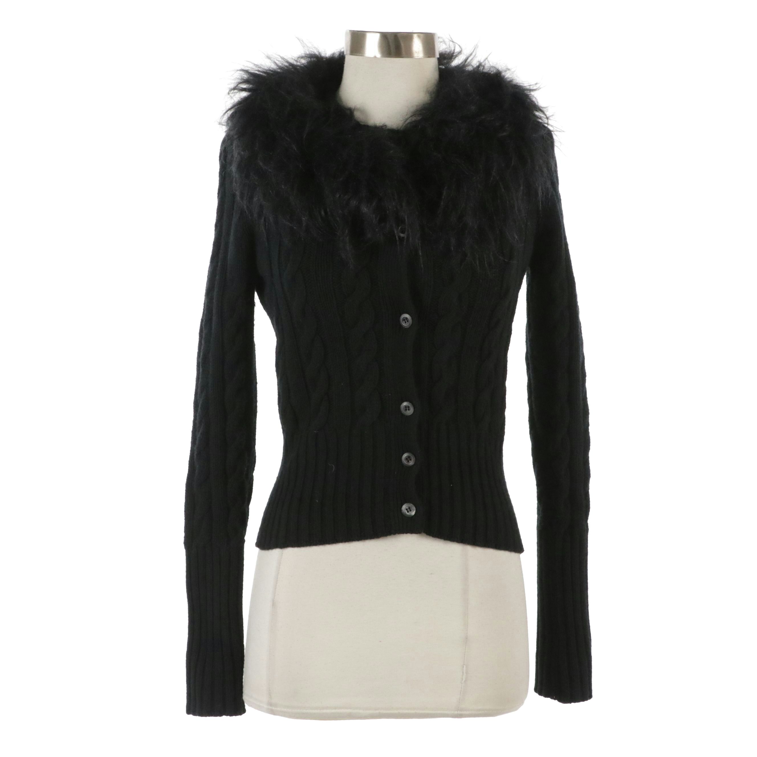 Prada Black Cable Knit Cardigan Sweater with Faux Fur Trim