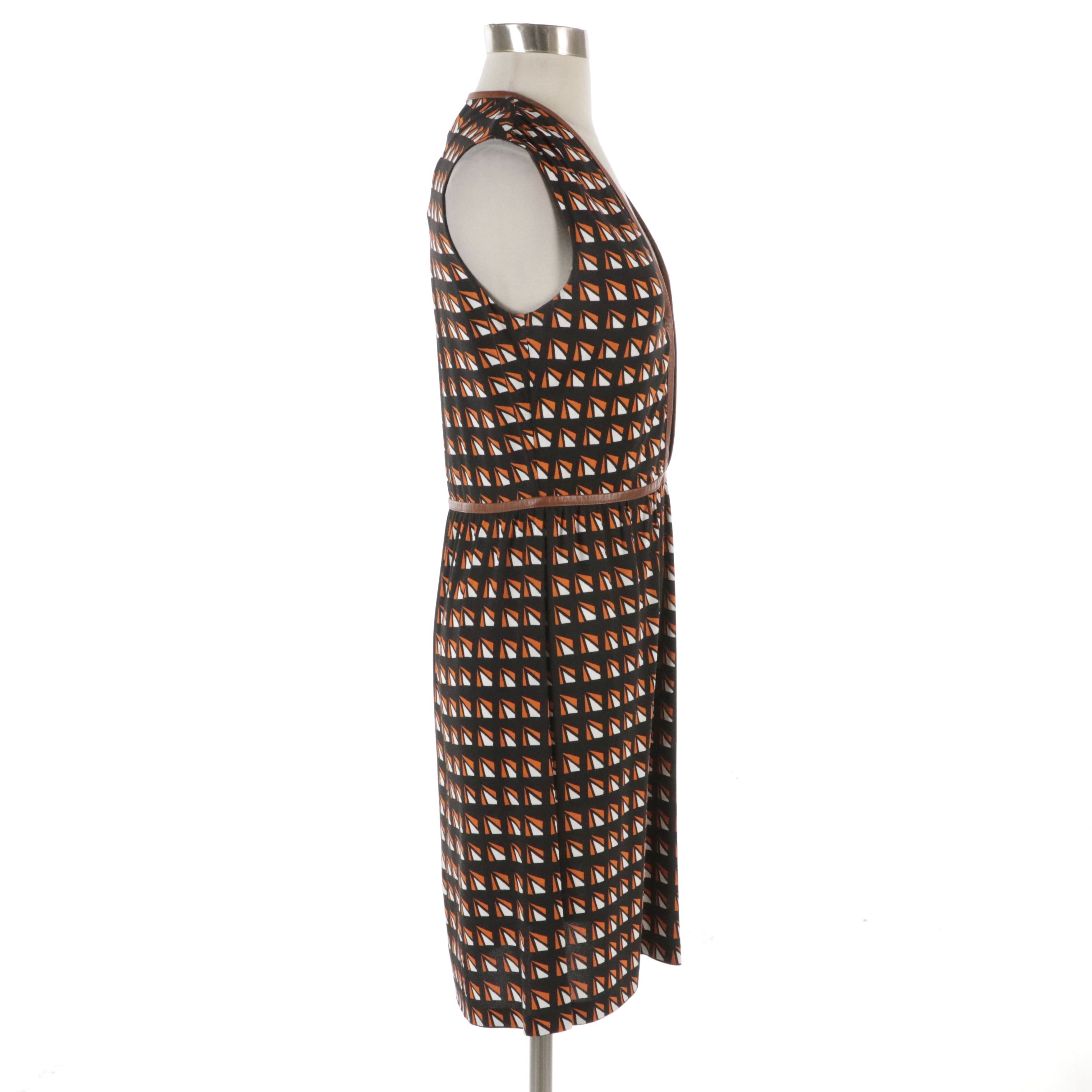 Prada Geometric Print Sleeveless Dress with Lambskin Leather Trim