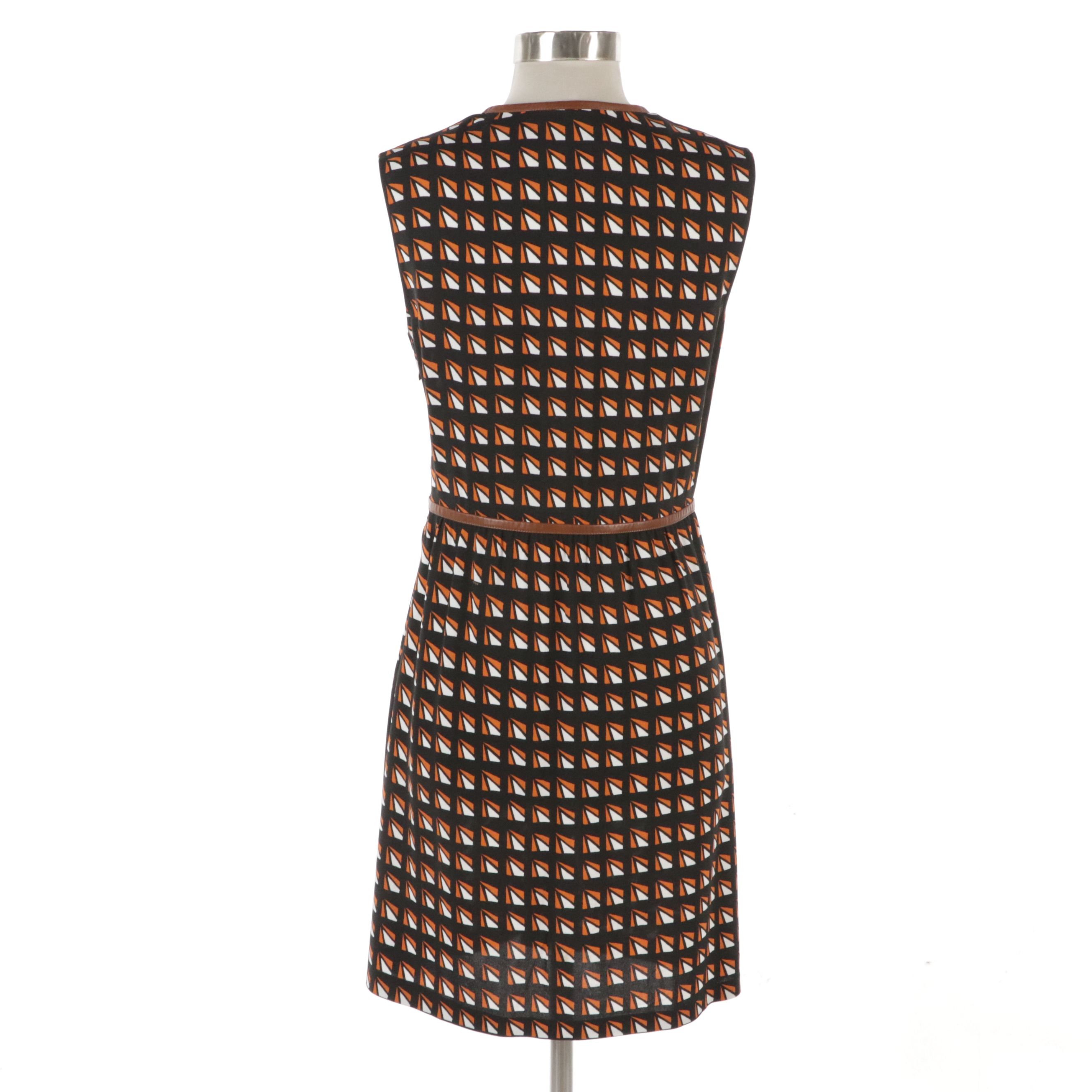Prada Geometric Print Sleeveless Dress with Lambskin Leather Trim