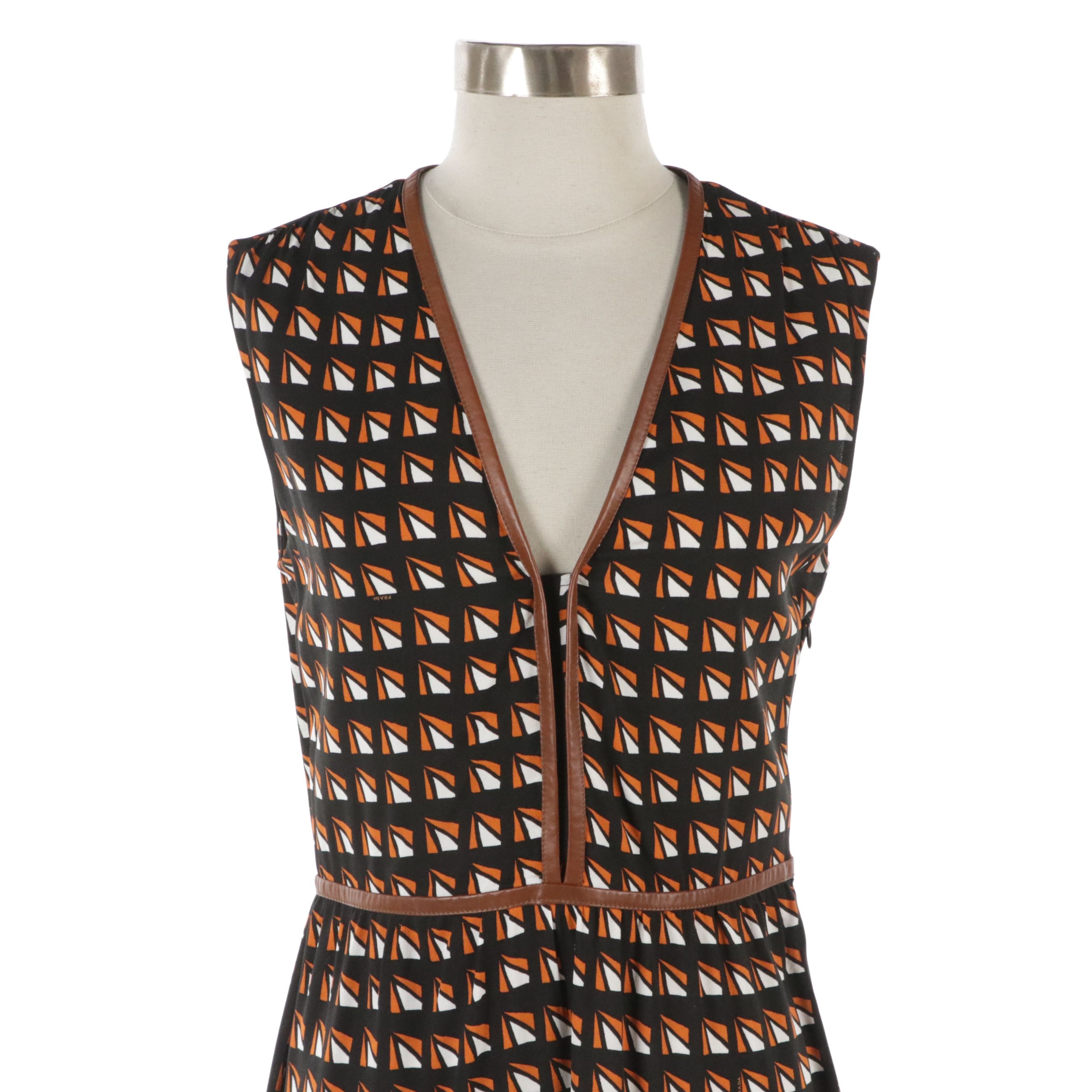 Prada Geometric Print Sleeveless Dress with Lambskin Leather Trim