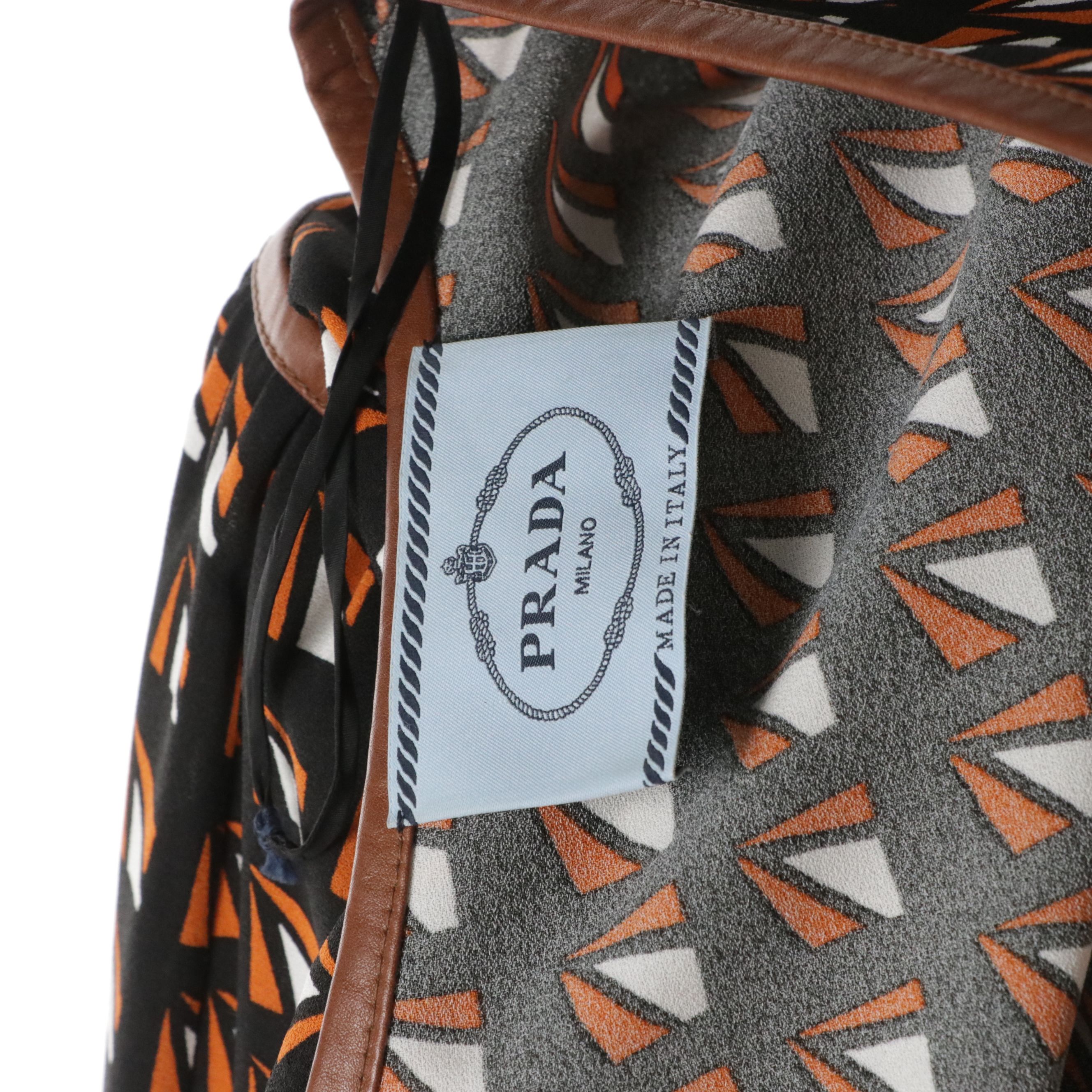 Prada Geometric Print Sleeveless Dress with Lambskin Leather Trim