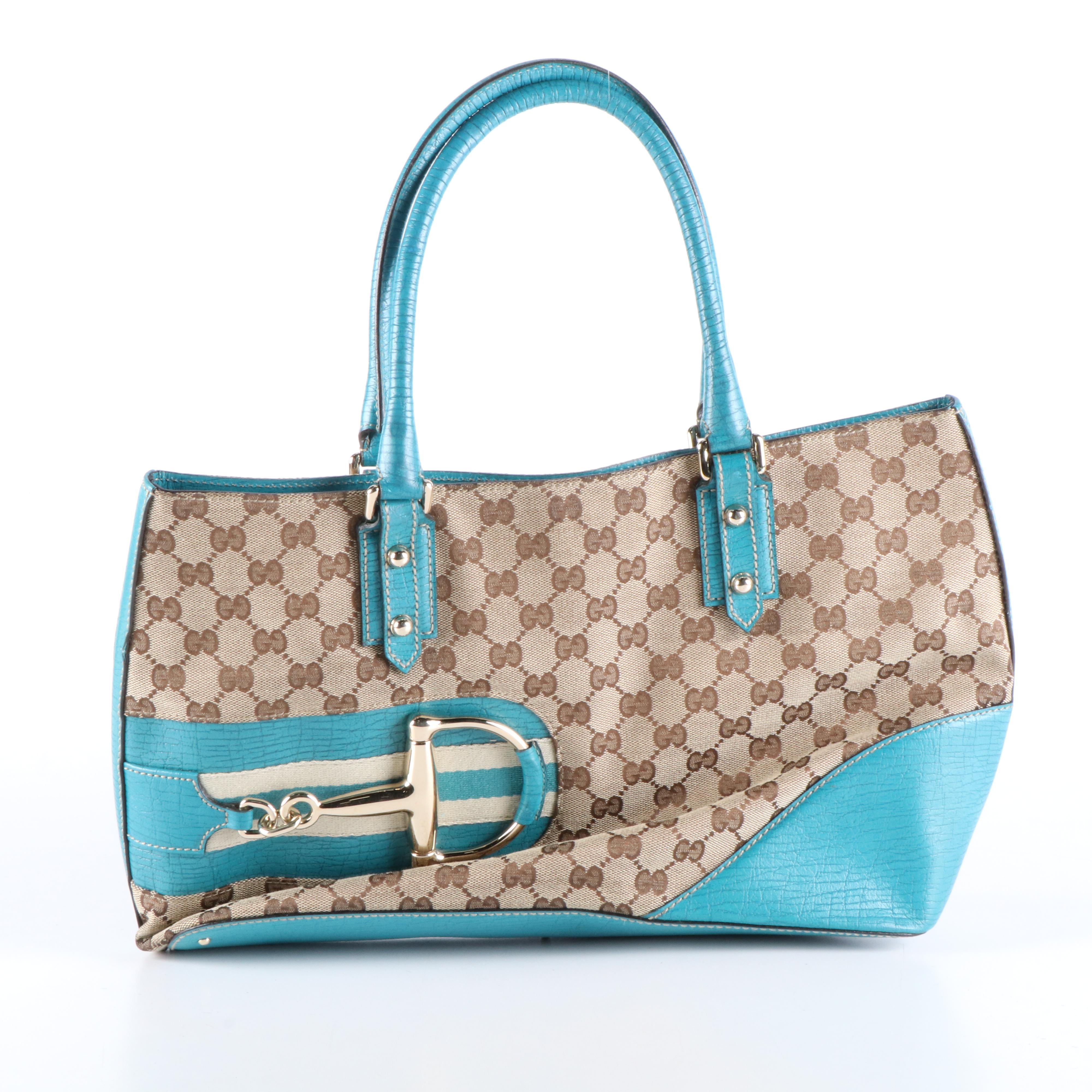 Gucci Hasler Horsebit Tote Bag in Beige GG Canvas and Turquoise Leather