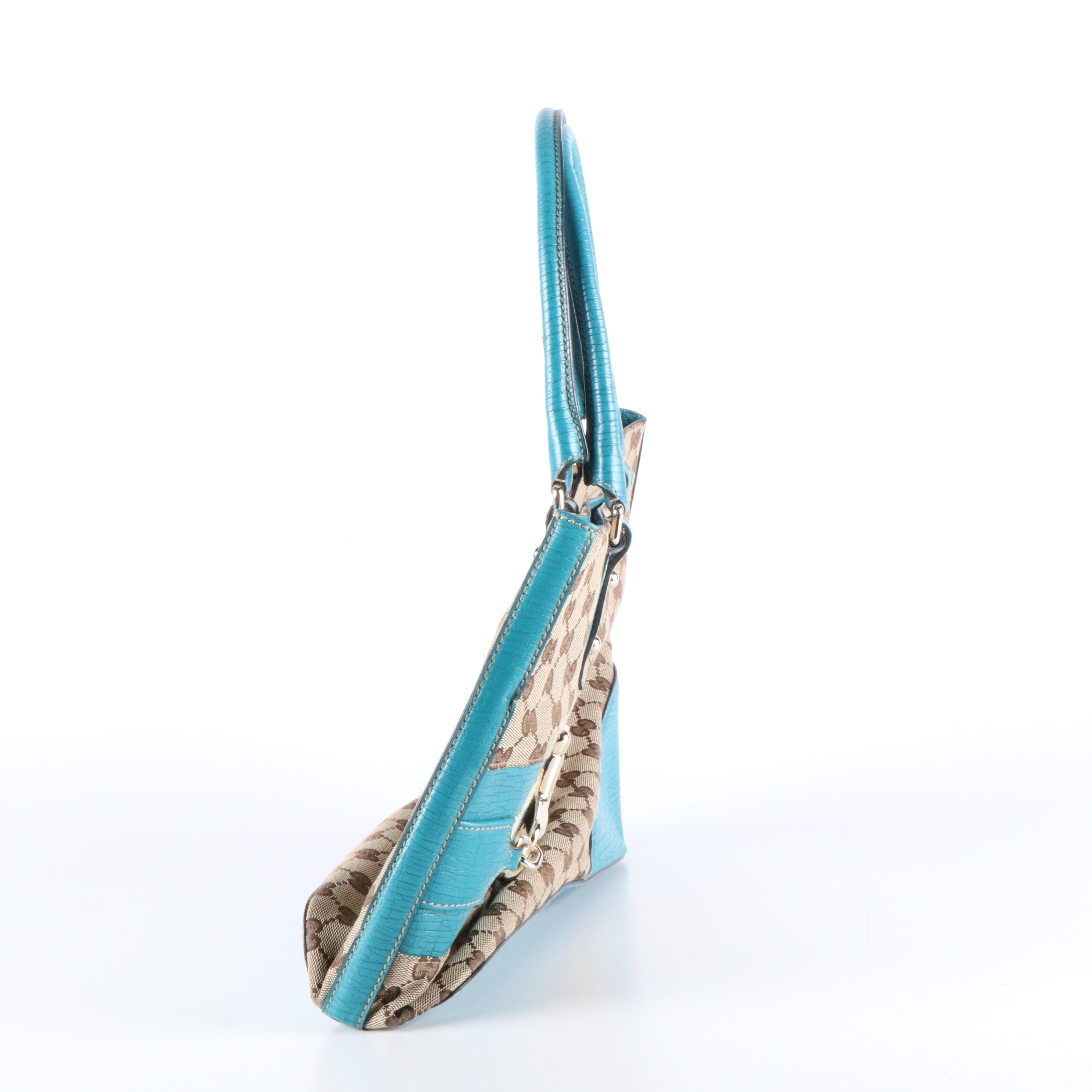 Gucci Hasler Horsebit Tote Bag in Beige GG Canvas and Turquoise Leather