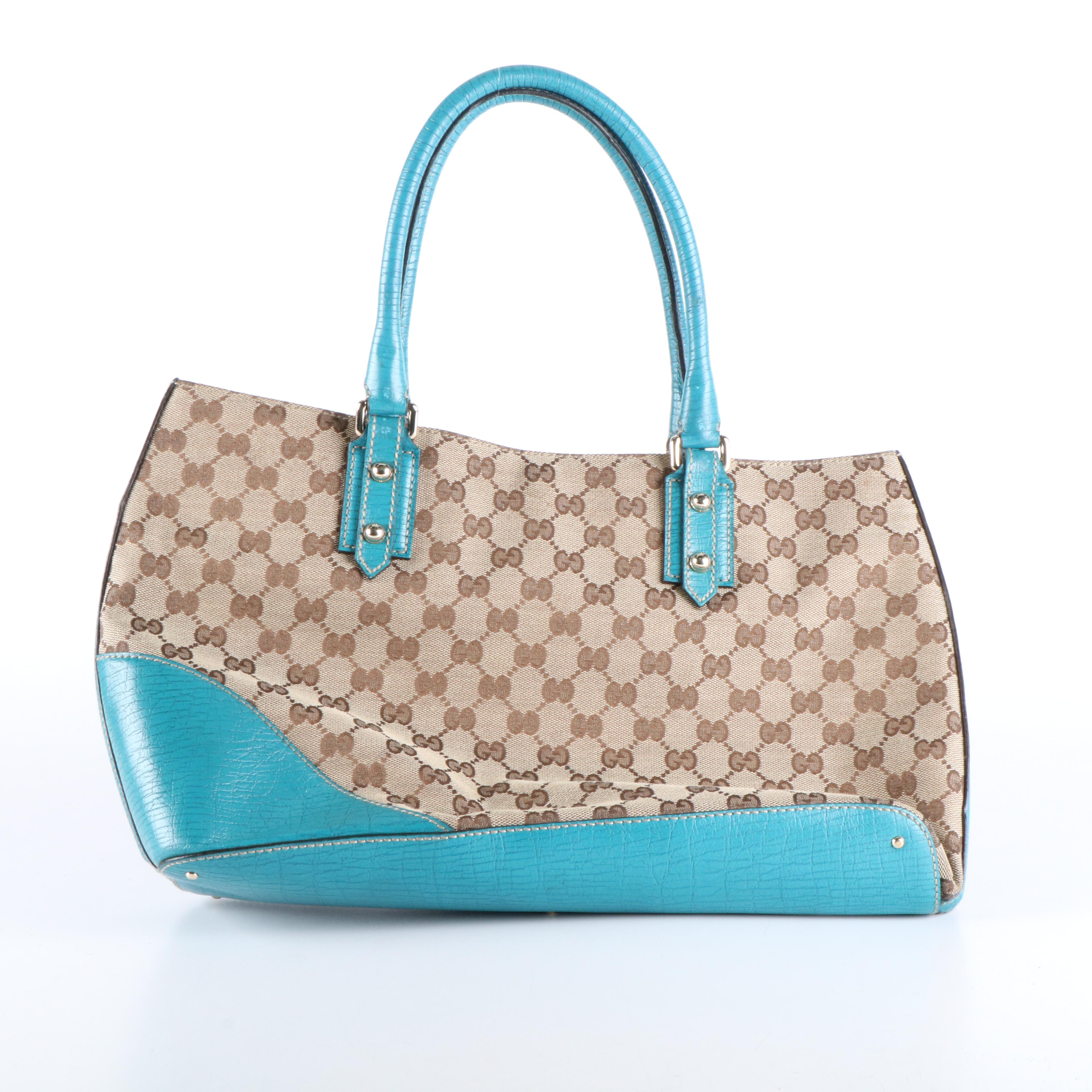 Gucci Hasler Horsebit Tote Bag in Beige GG Canvas and Turquoise Leather