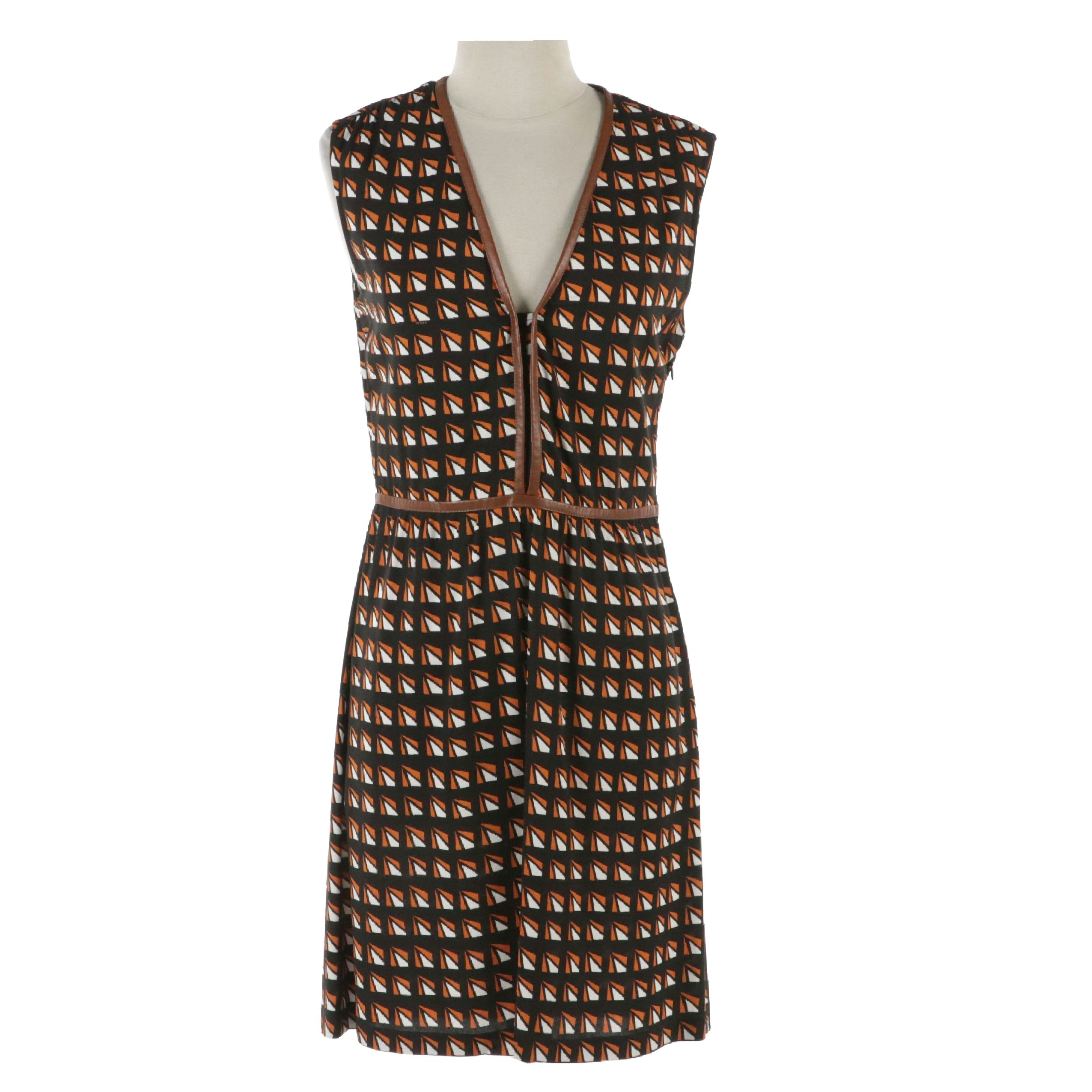Prada Geometric Print Sleeveless Dress with Lambskin Leather Trim
