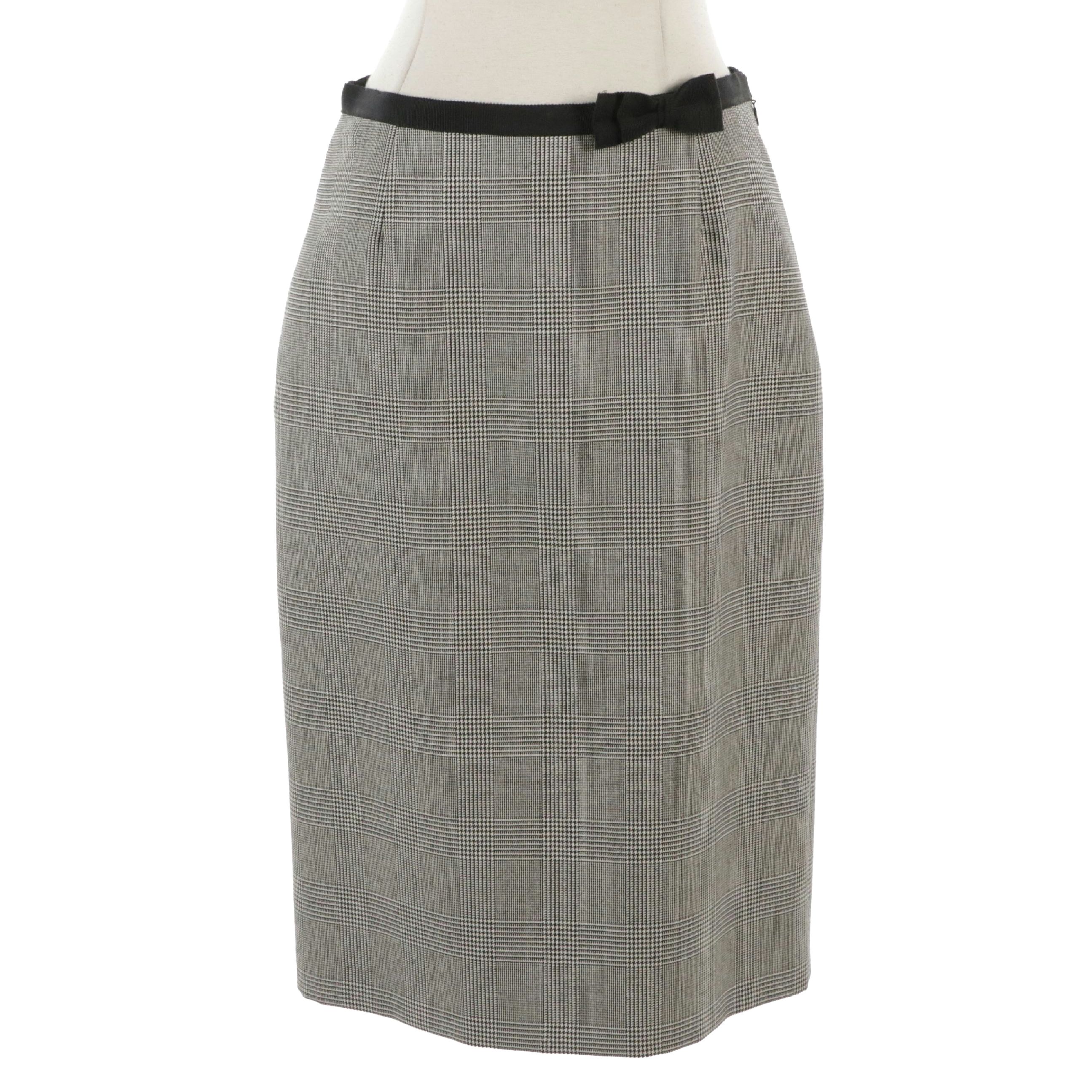 Prada Houndstooth Plaid Skirt in Black/White with Grosgrain Bow Waistband