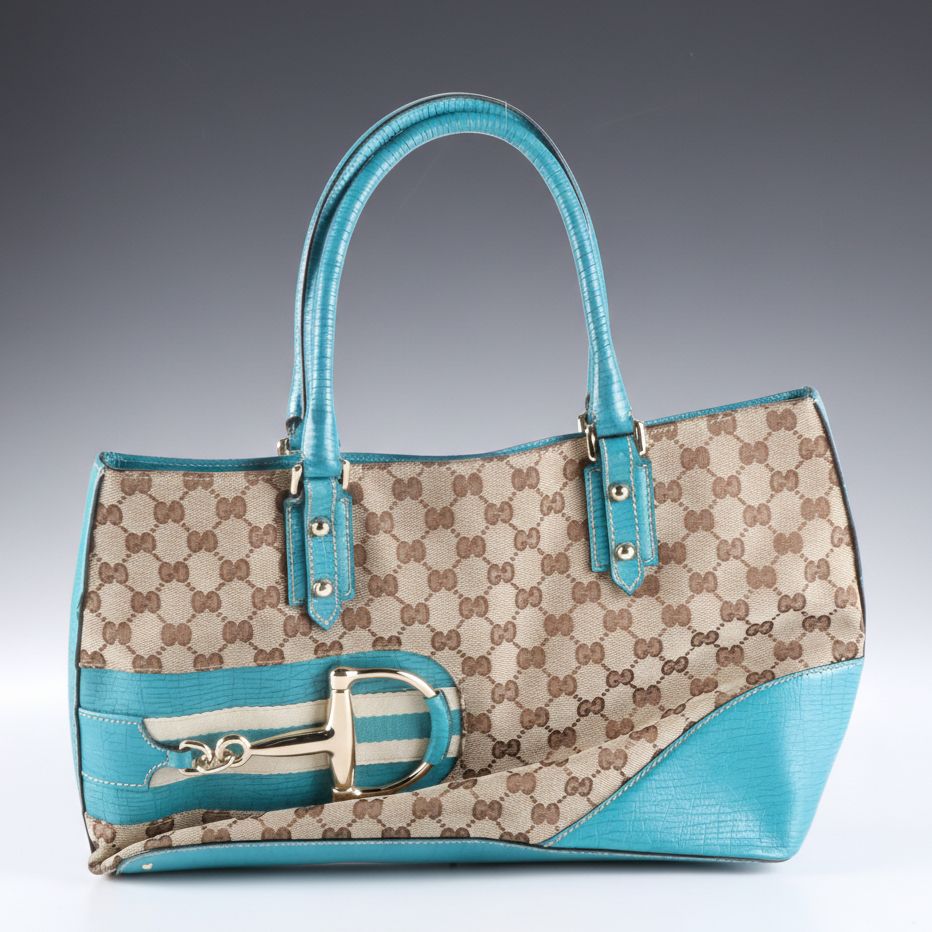 Gucci Hasler Horsebit Tote Bag in Beige GG Canvas and Turquoise Leather