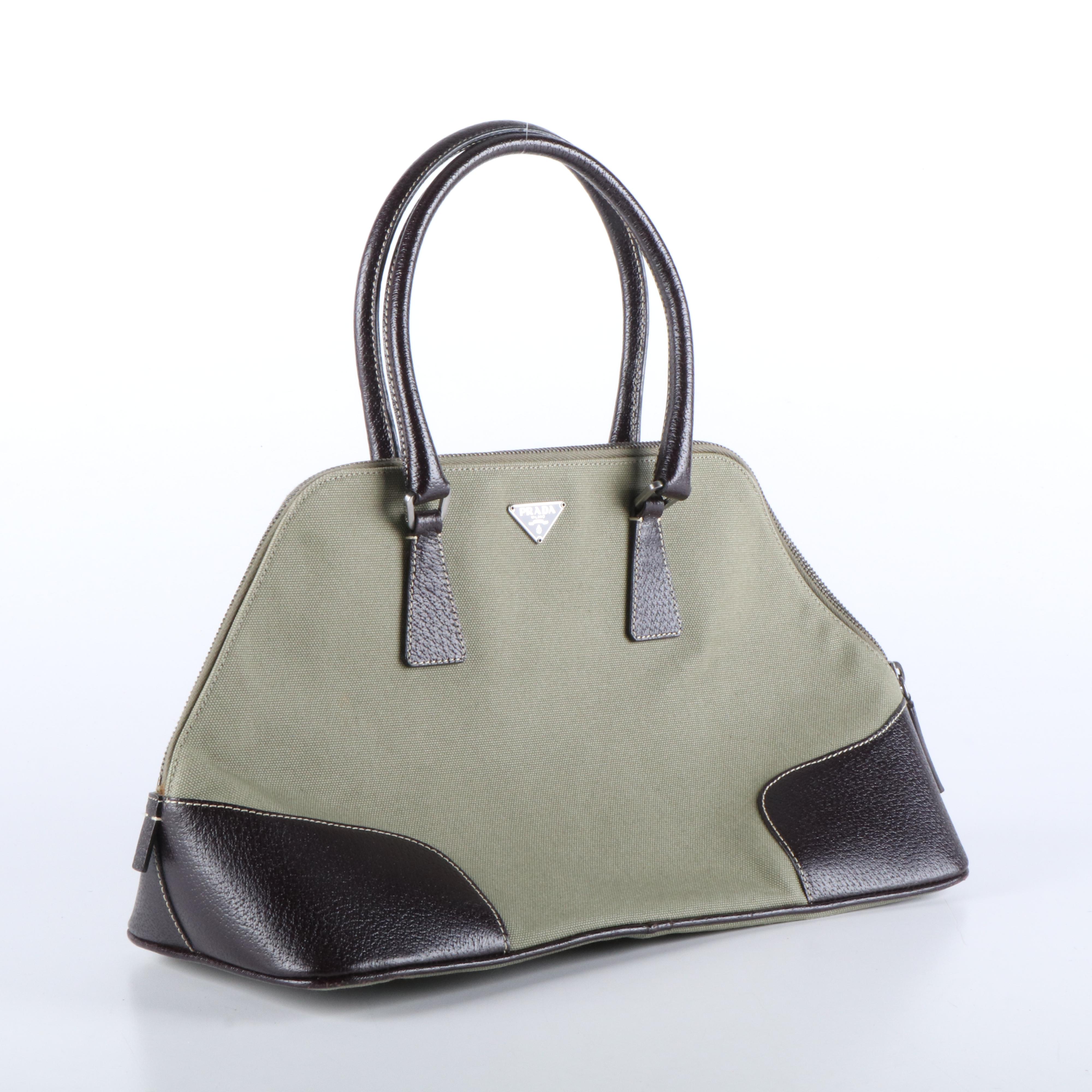 Prada Promenade Handbag in Green Canvas and Leather