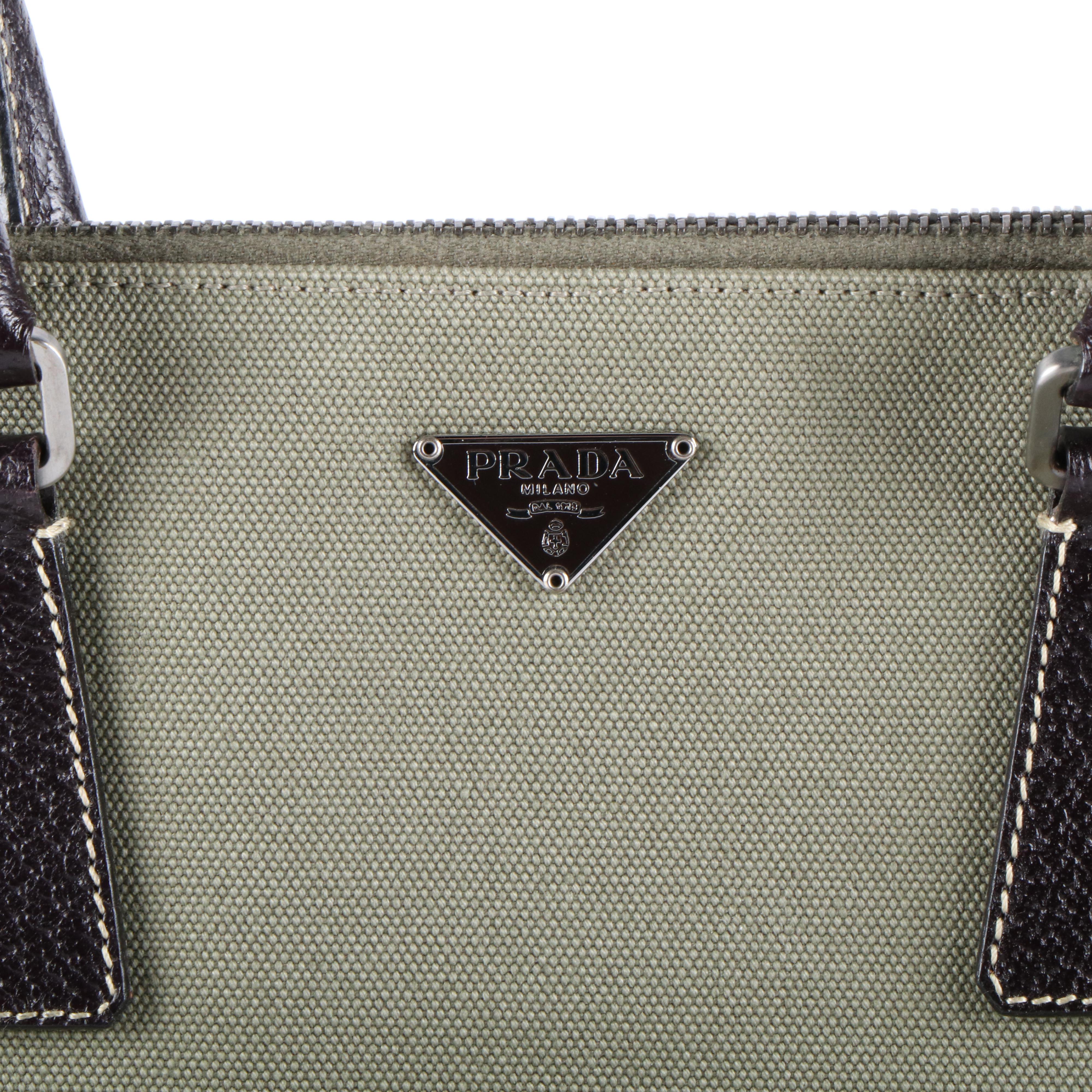 Prada Promenade Handbag in Green Canvas and Leather
