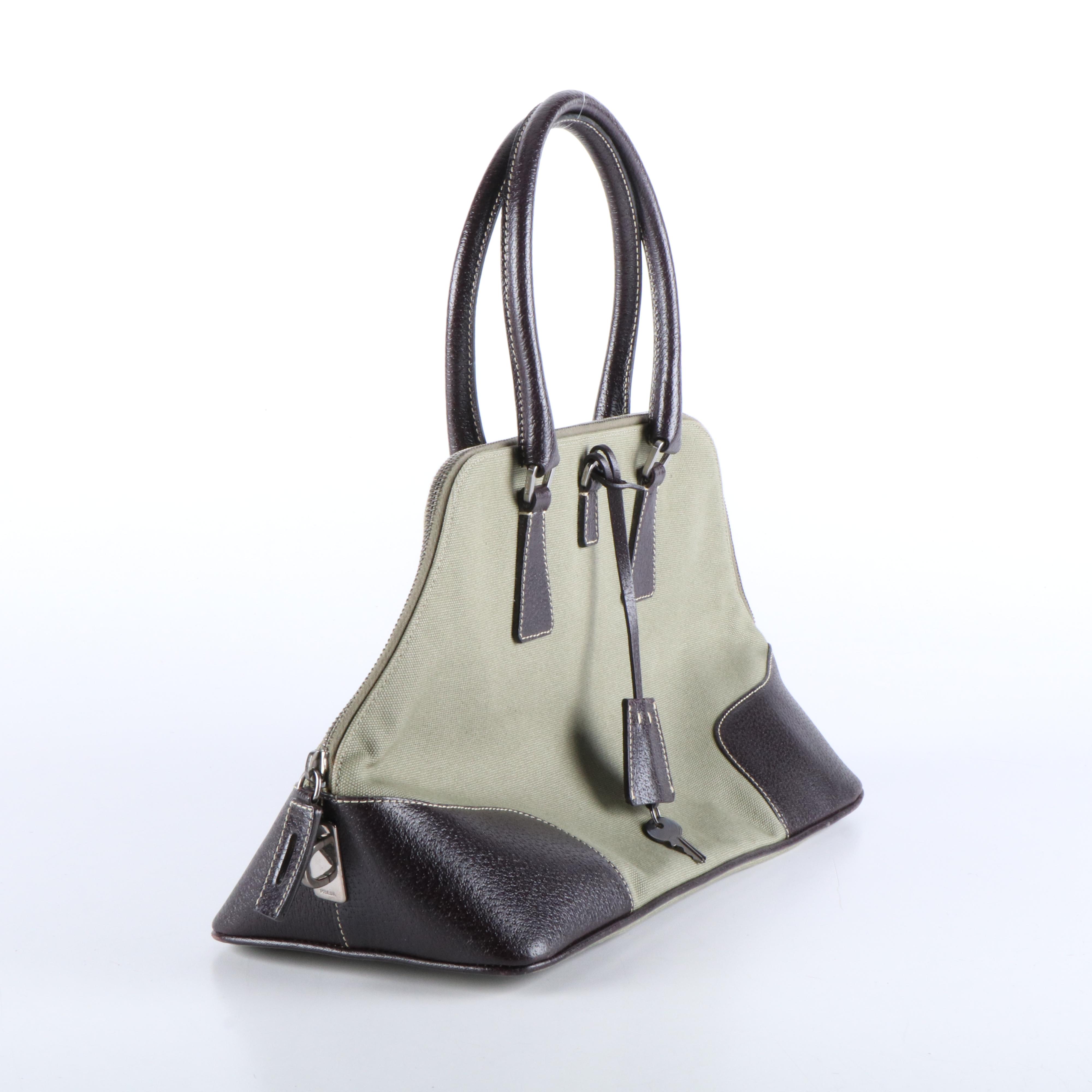 Prada Promenade Handbag in Green Canvas and Leather