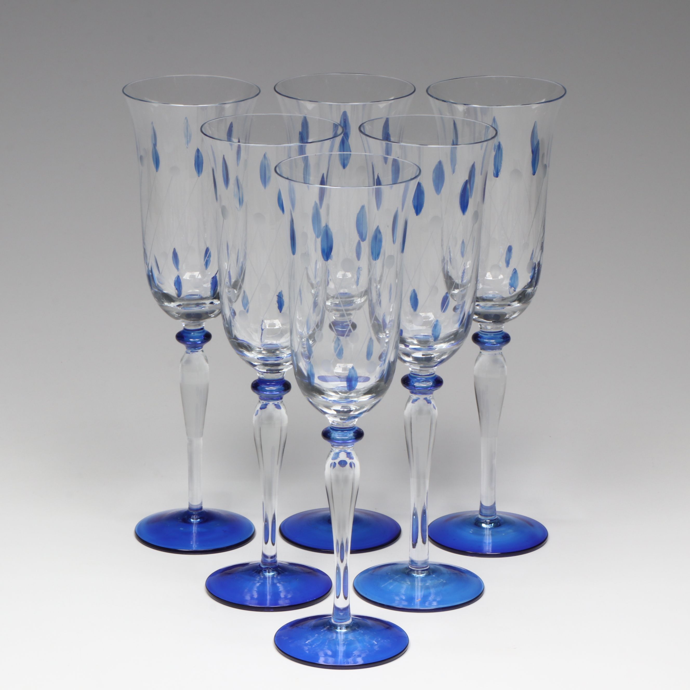 Painted and Etched Glass Champagne Flutes