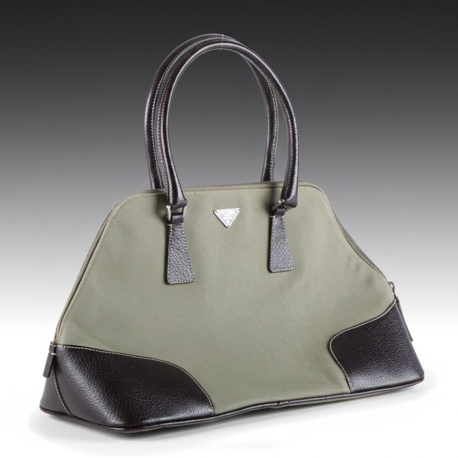 Prada Promenade Handbag in Green Canvas and Leather