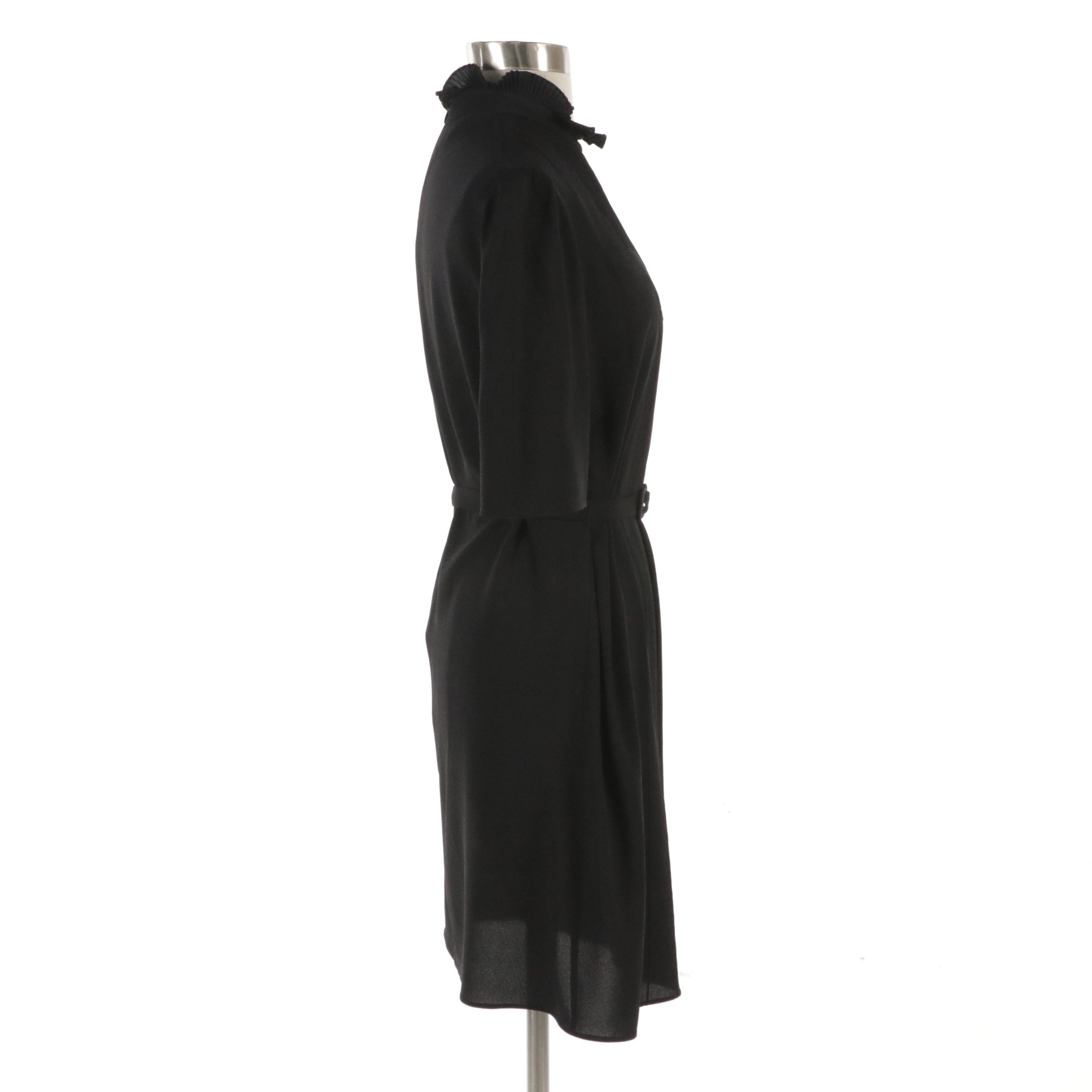 Prada Black Belted Dress with Pleated Ruffle Neckline