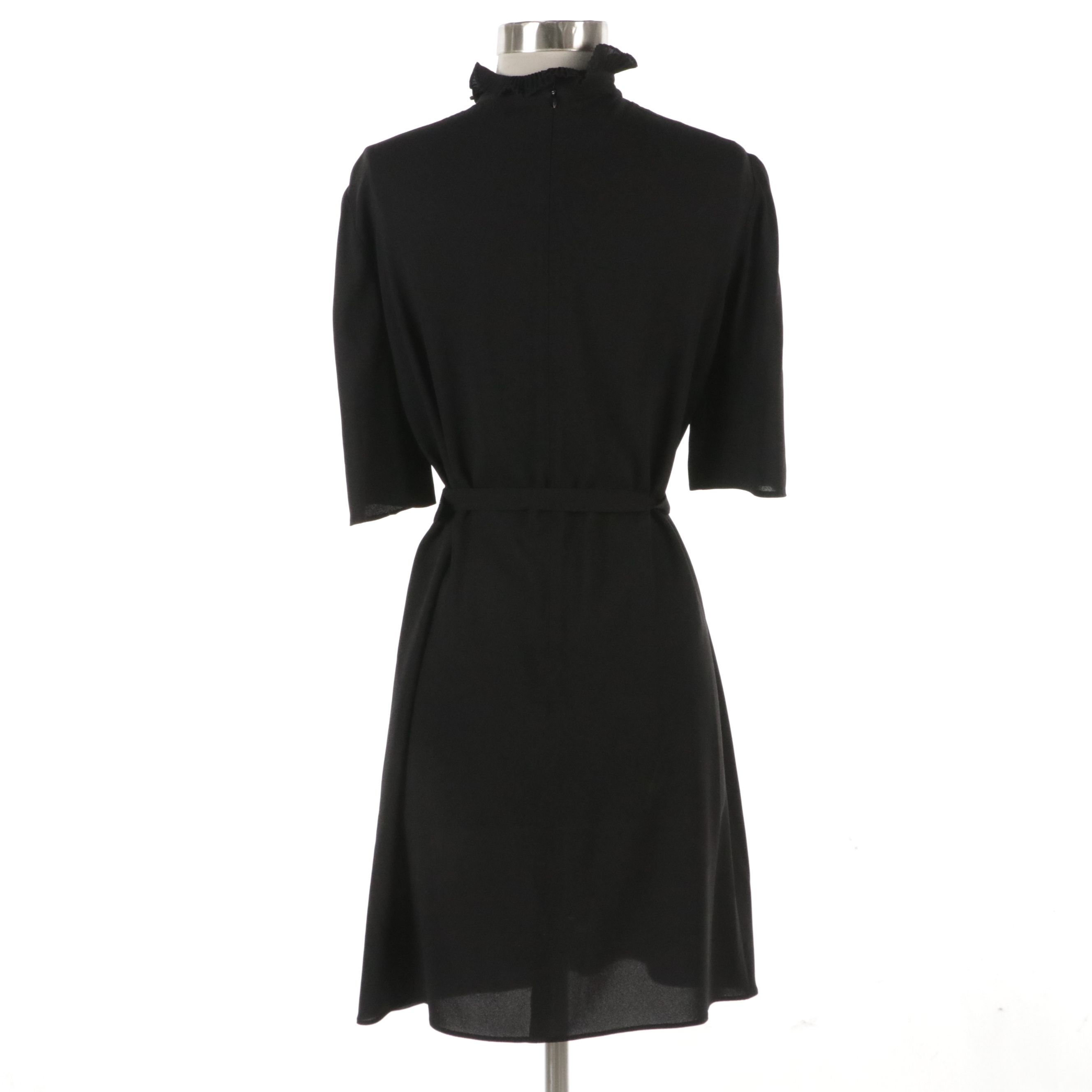 Prada Black Belted Dress with Pleated Ruffle Neckline