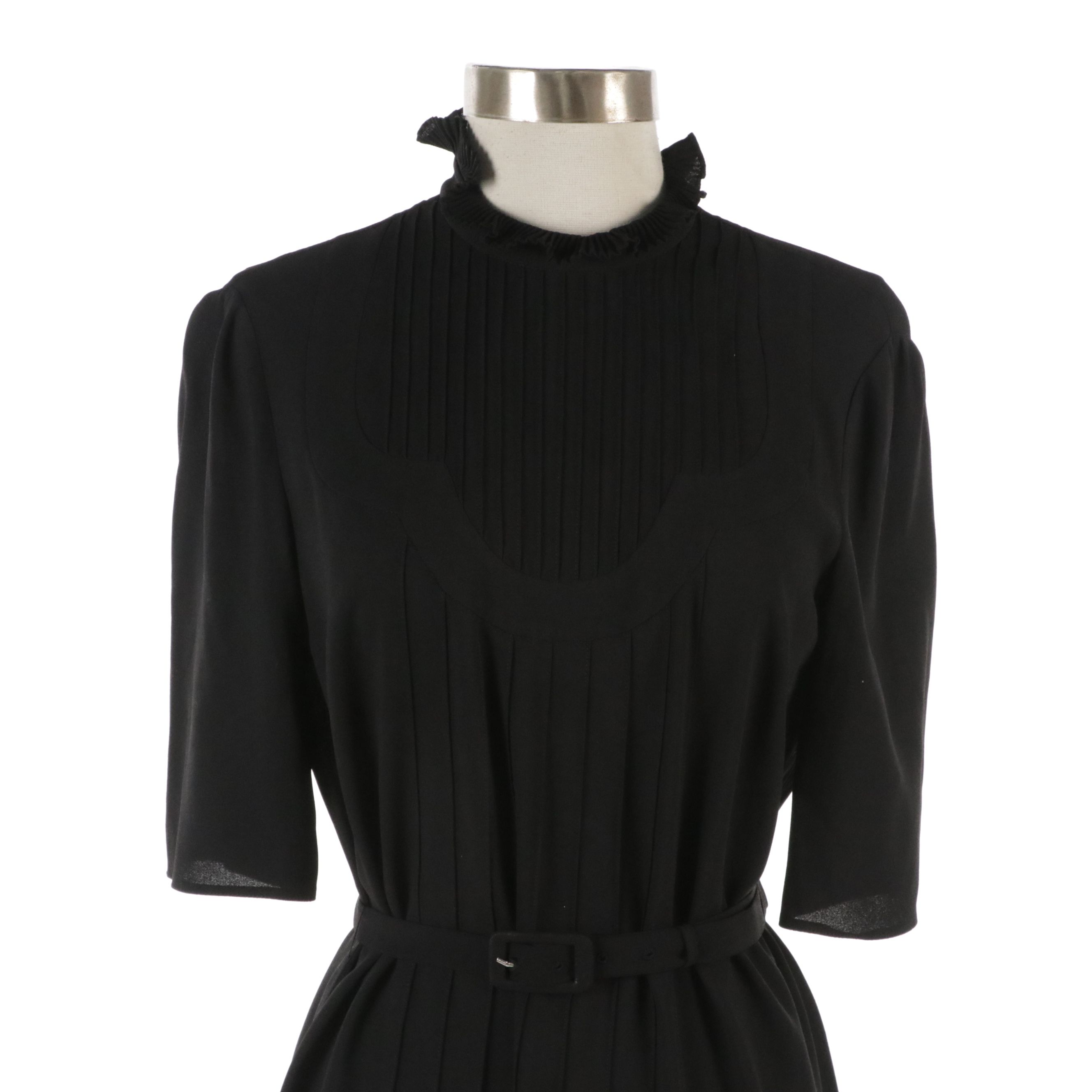 Prada Black Belted Dress with Pleated Ruffle Neckline