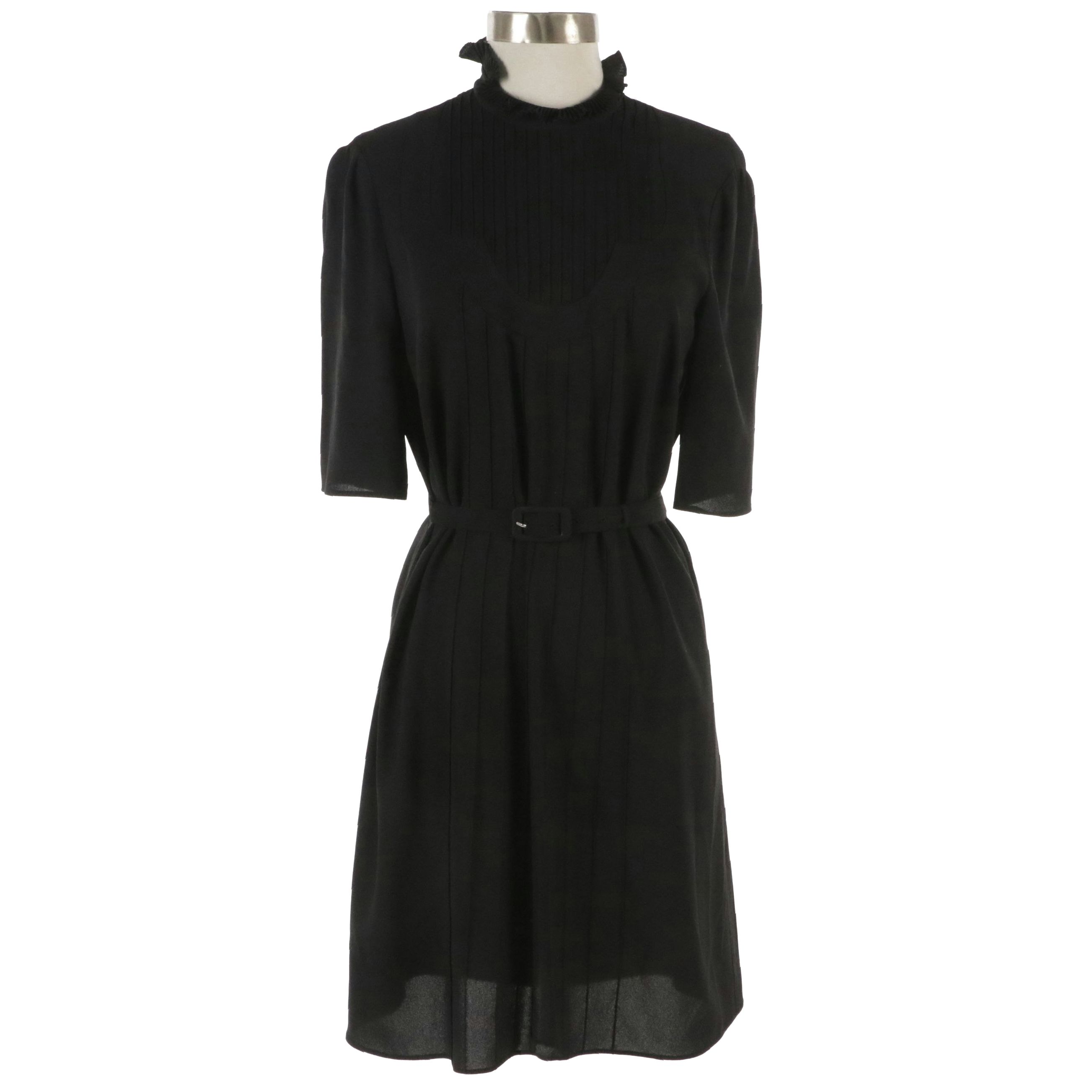 Prada Black Belted Dress with Pleated Ruffle Neckline