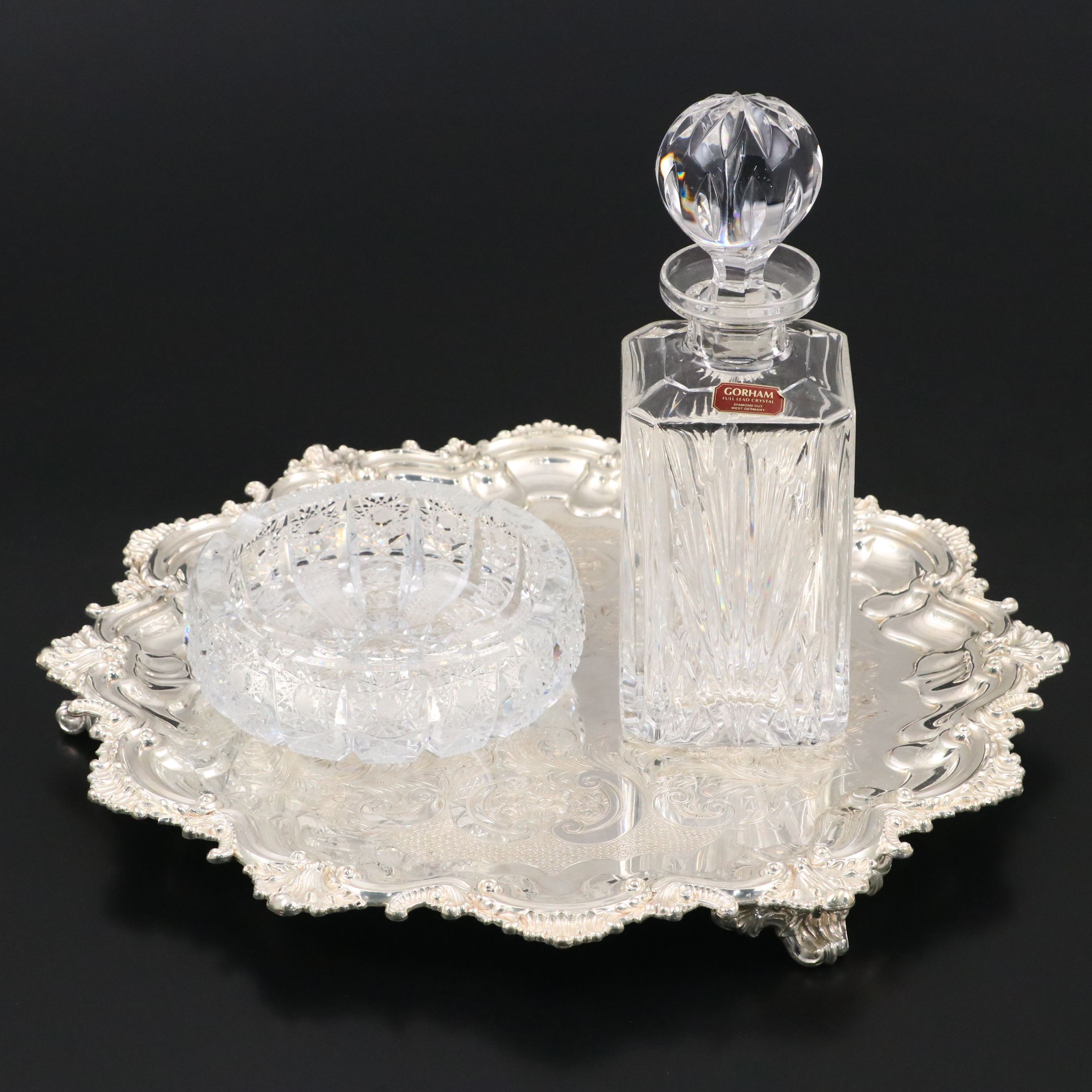 Gorham "Cherrywood Clear" Decanter with Ashtray and Silver Plate Tray