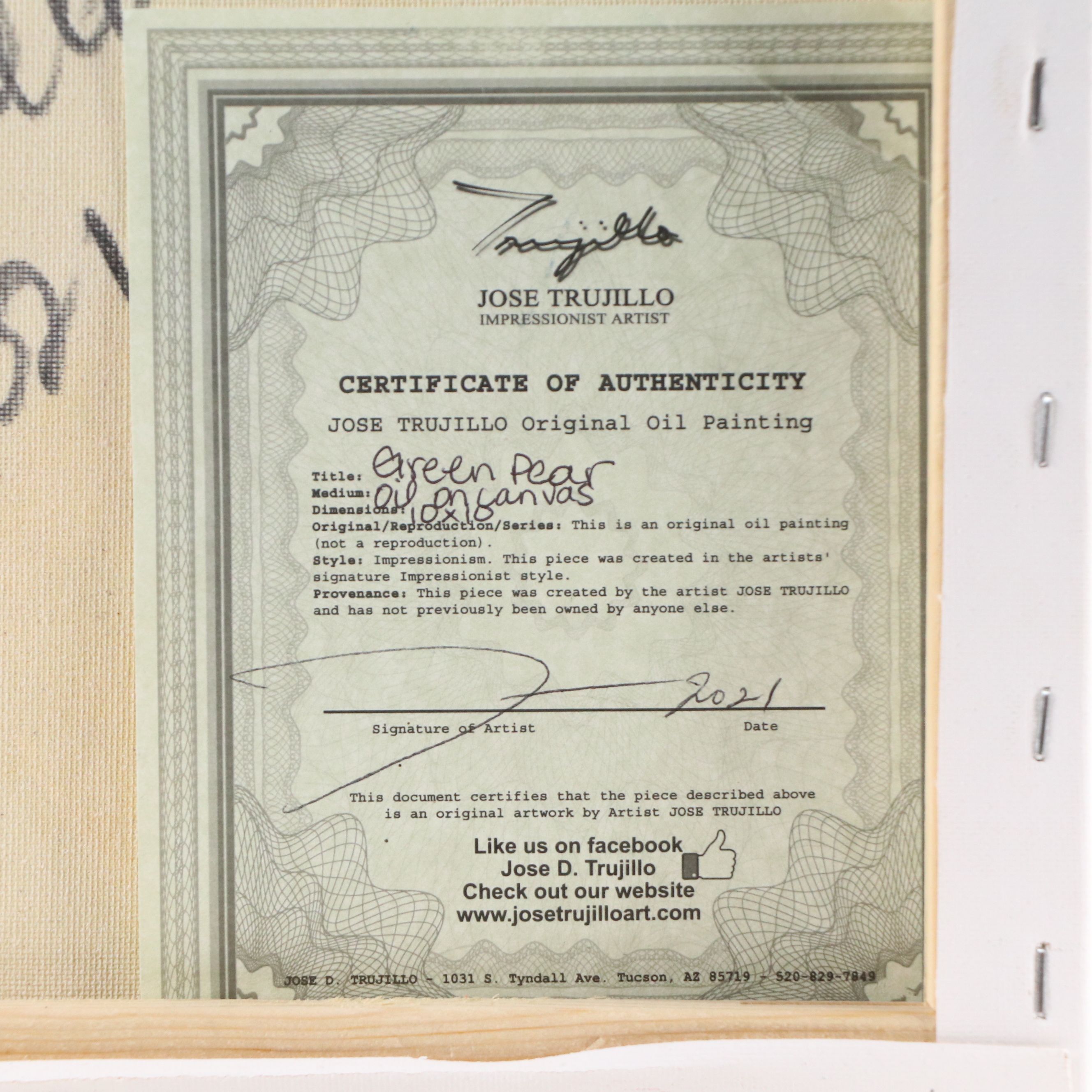 Jose Trujillo Still Life Oil Painting "Green Pear," 2021