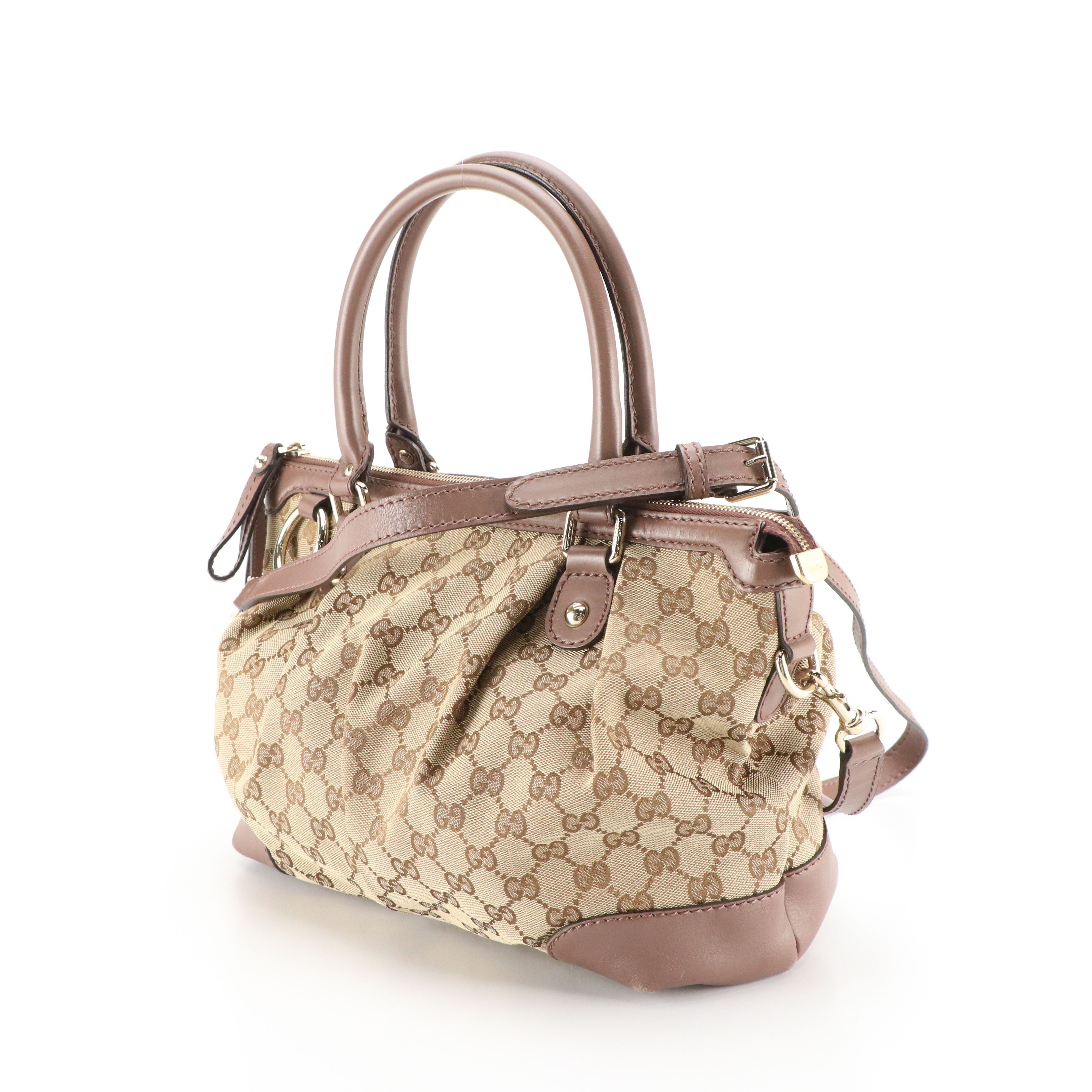 Gucci Sukey Two-Way Satchel in GG Canvas and Mocha Brown Smooth Calfskin Leather