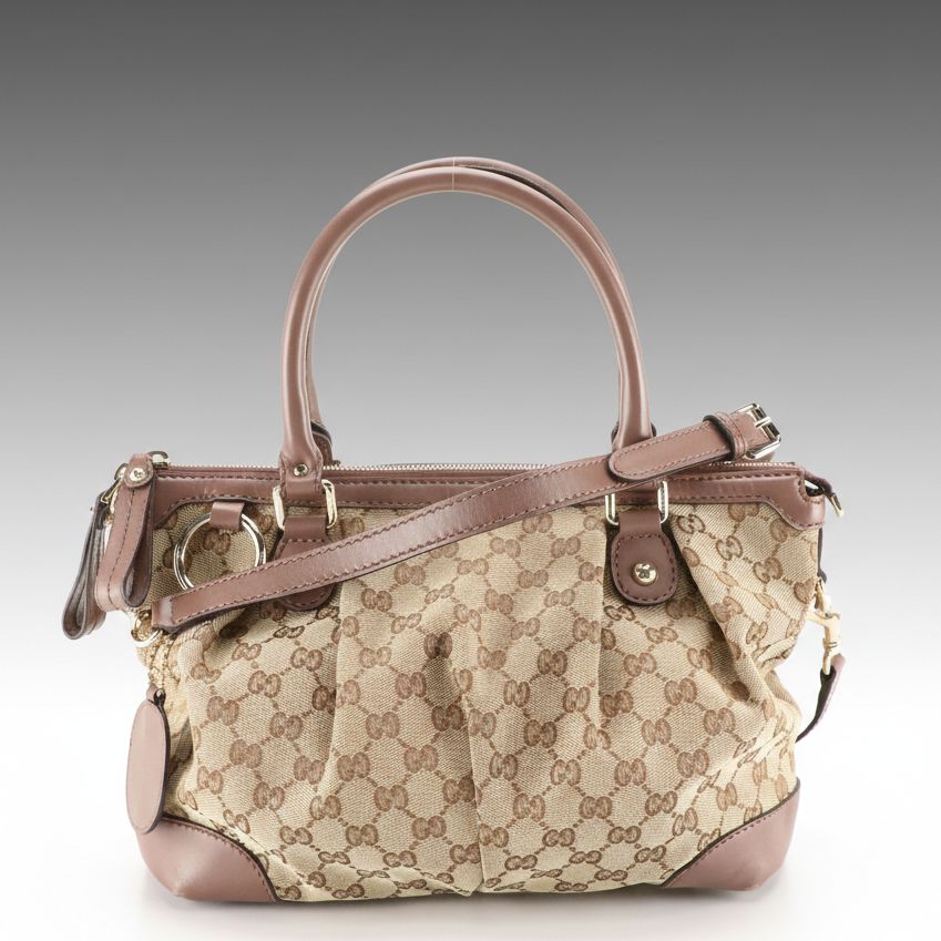 Gucci Sukey Two-Way Satchel in GG Canvas and Mocha Brown Smooth Calfskin Leather