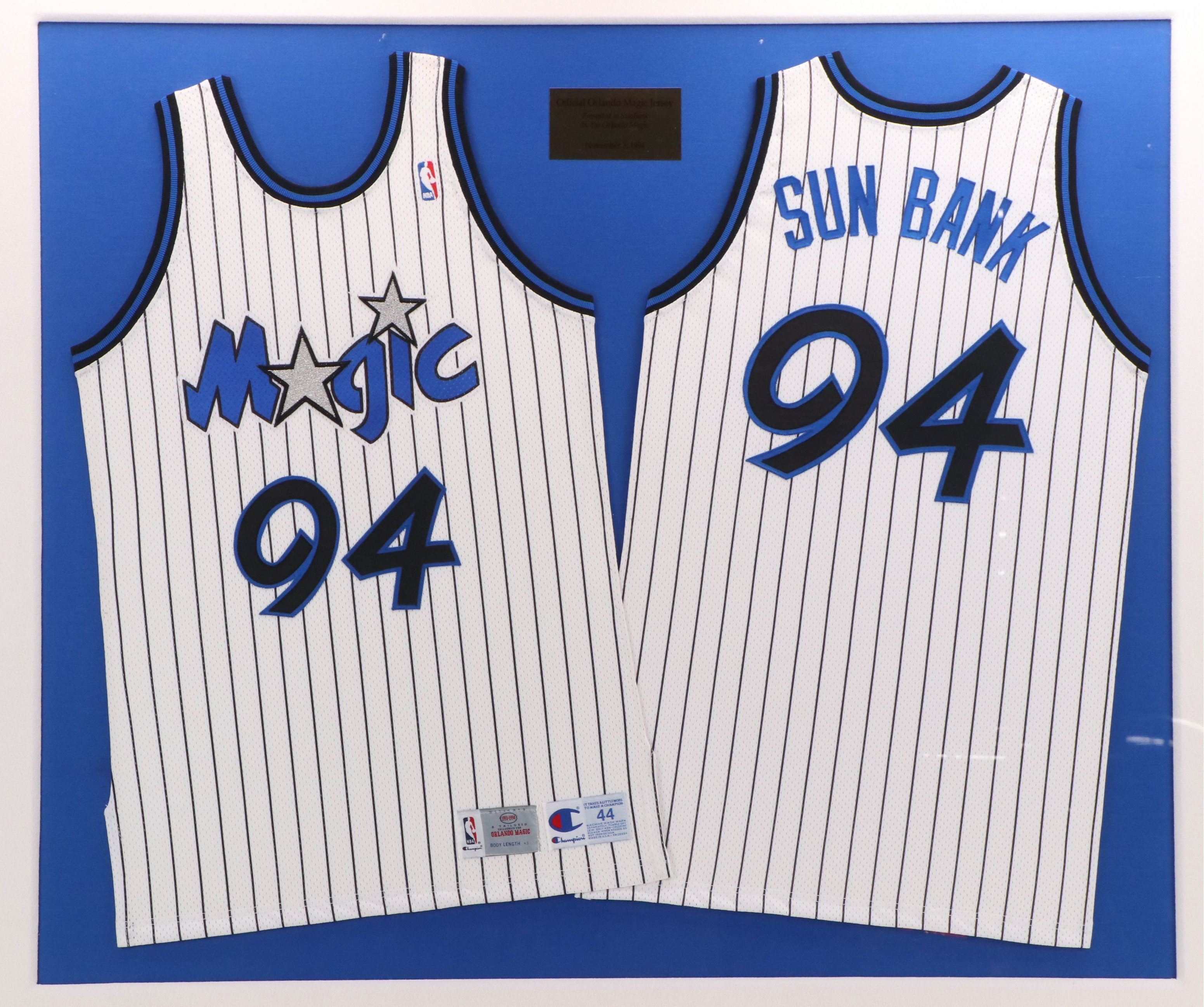 1994 Sun Bank Orlando Magic Champion NBA Basketball Jersey with Display