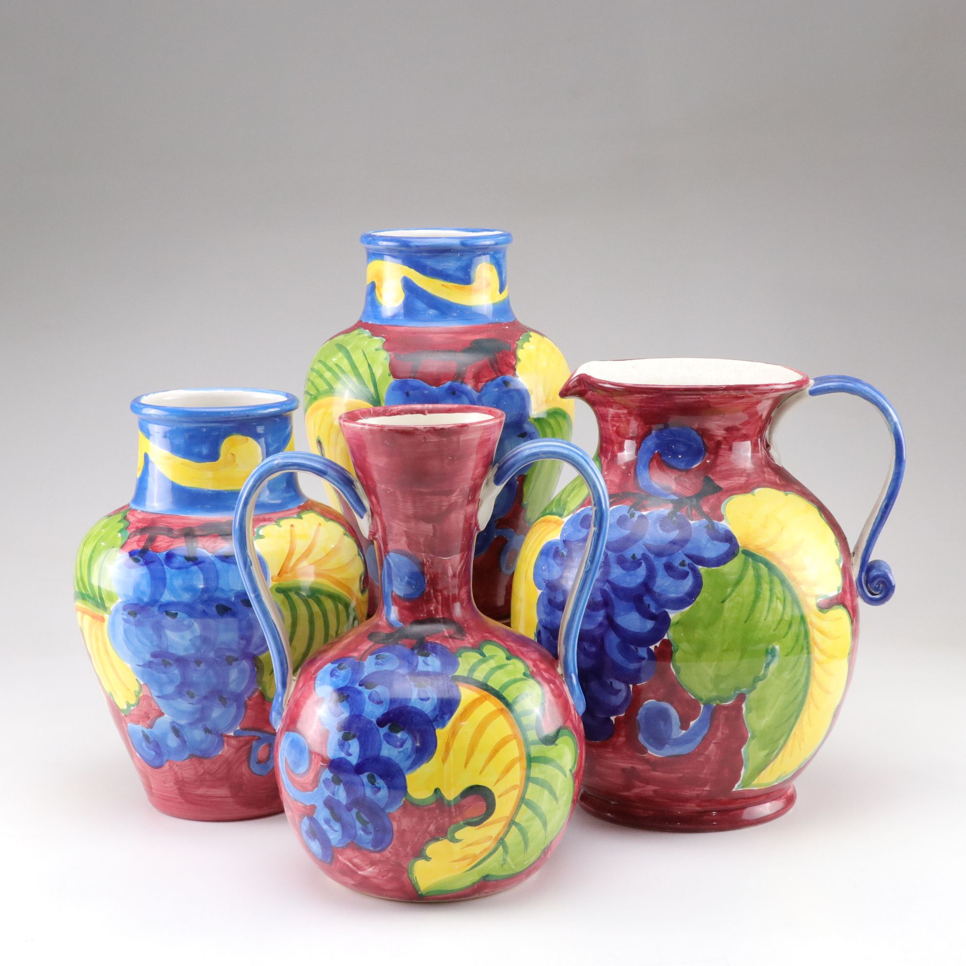 Sara Italian Hand-Painted "Tuscan Fruit" Vases, Pitcher and Wood Stand