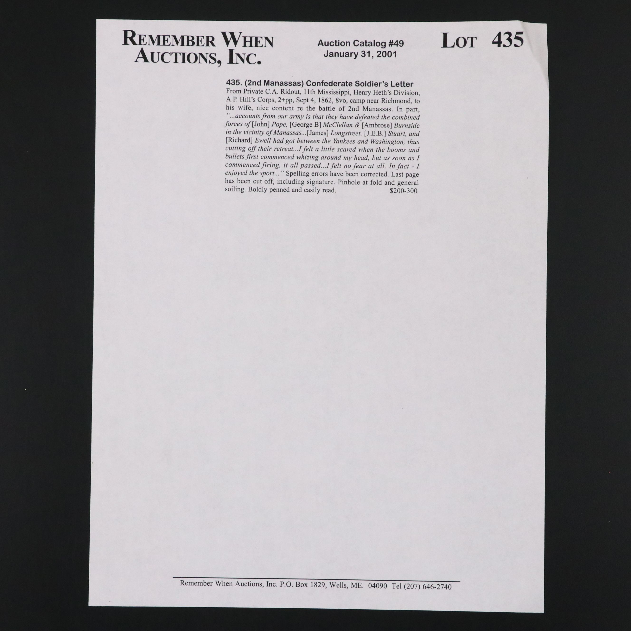 1862 Confederate Soldier's Letter from the Second Battle of Manassas