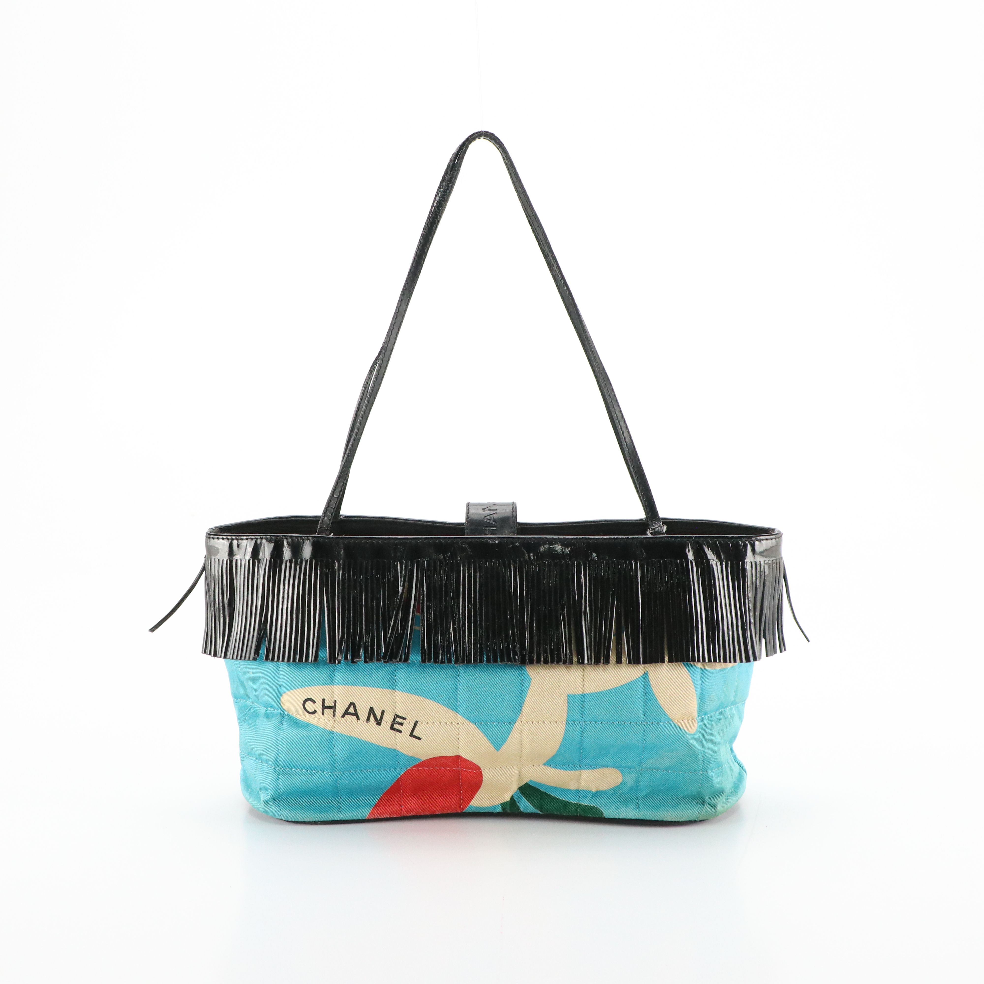 Chanel Quilted Printed Textile and Black Patent Leather Small Fringe Tote