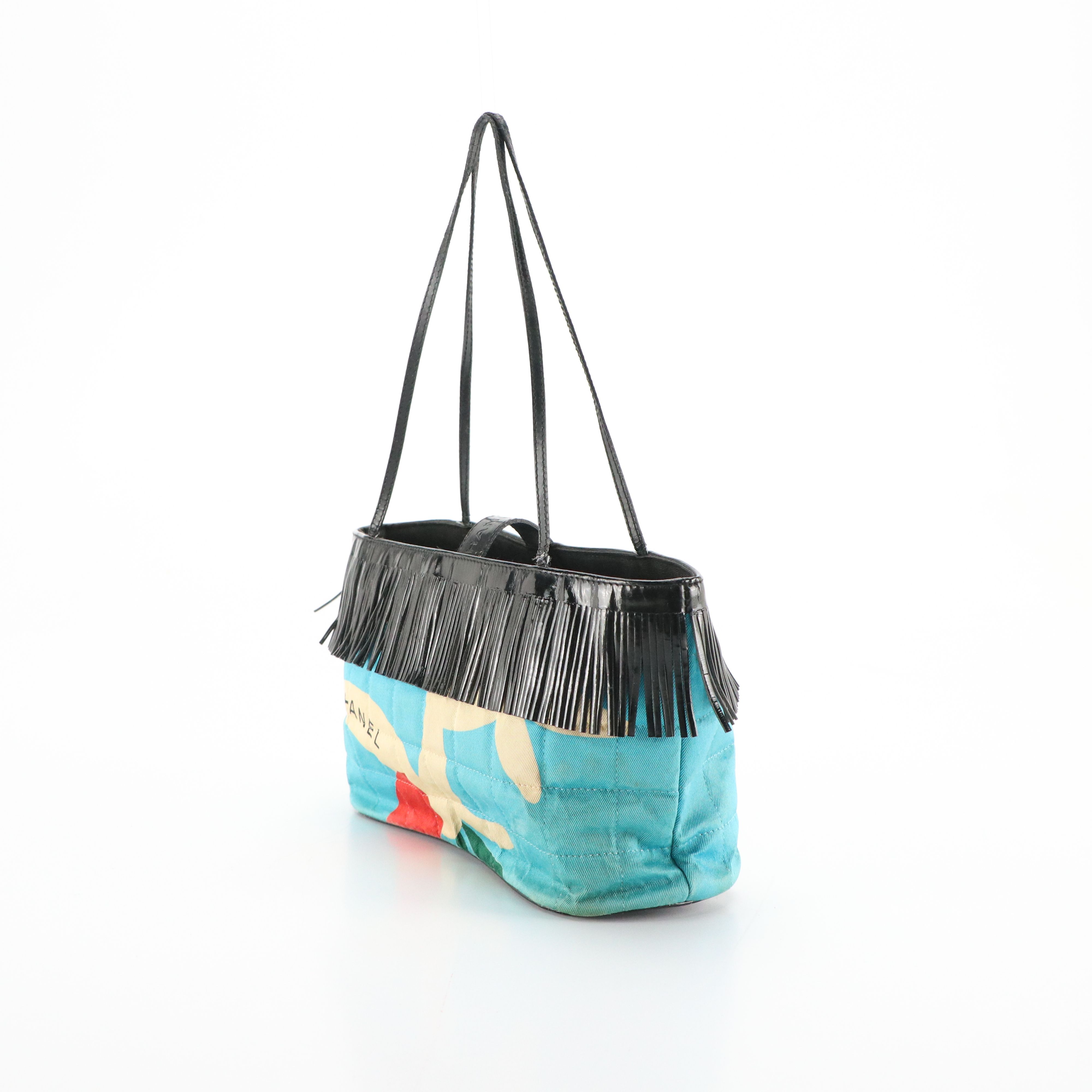 Chanel Quilted Printed Textile and Black Patent Leather Small Fringe Tote