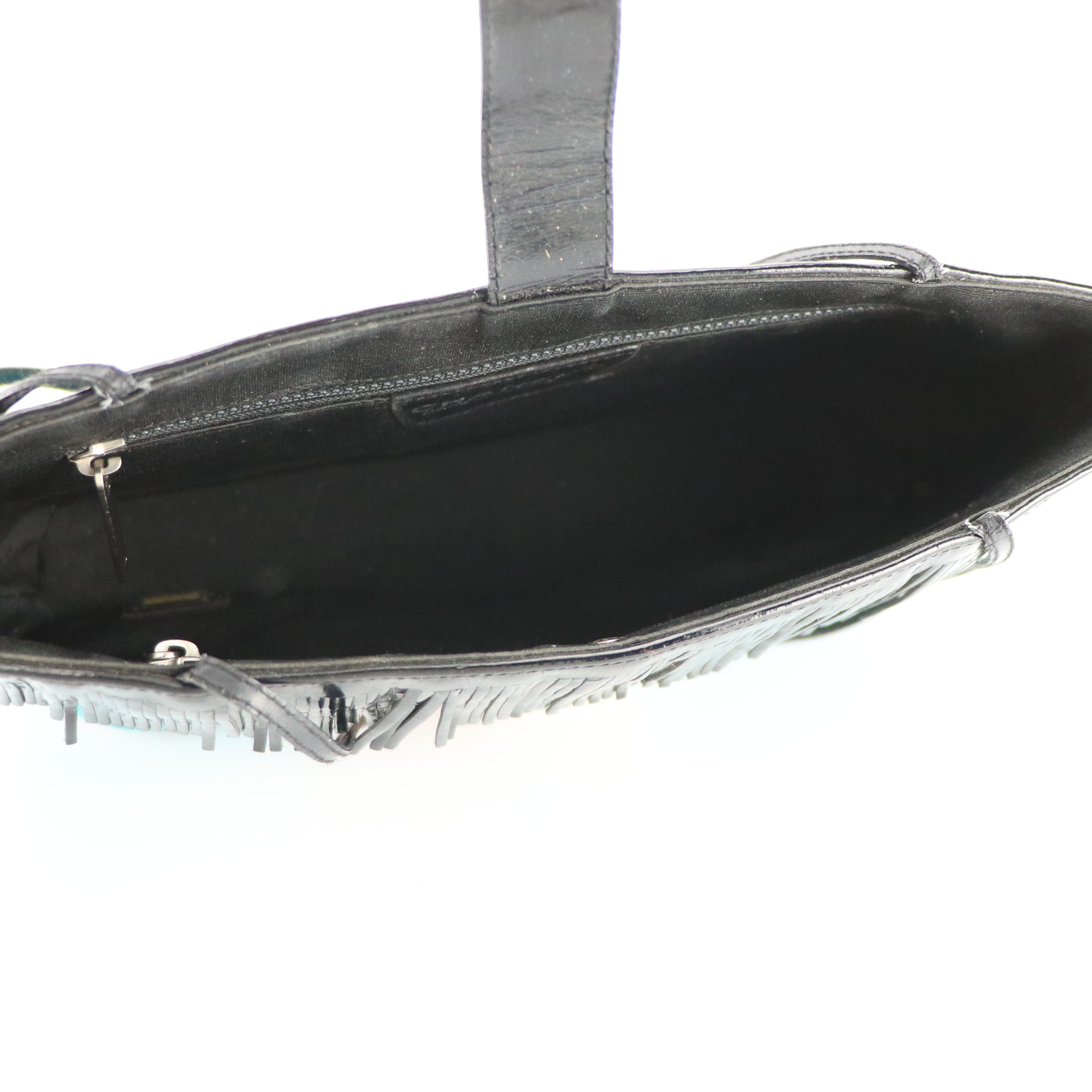 Chanel Quilted Printed Textile and Black Patent Leather Small Fringe Tote