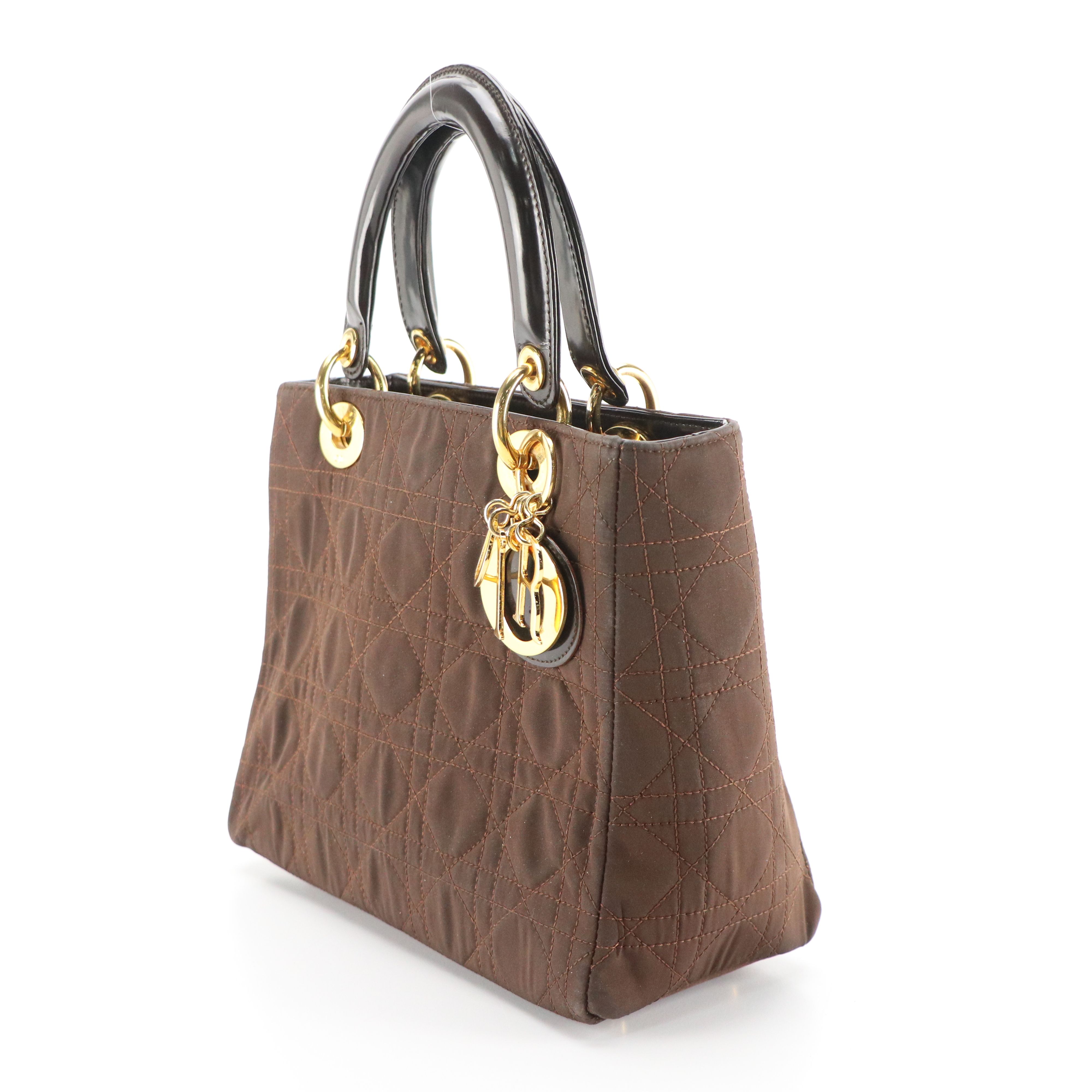 Christian Dior Brown Cannage Quilted Nylon and Glazed Leather Lady Dior Handbag