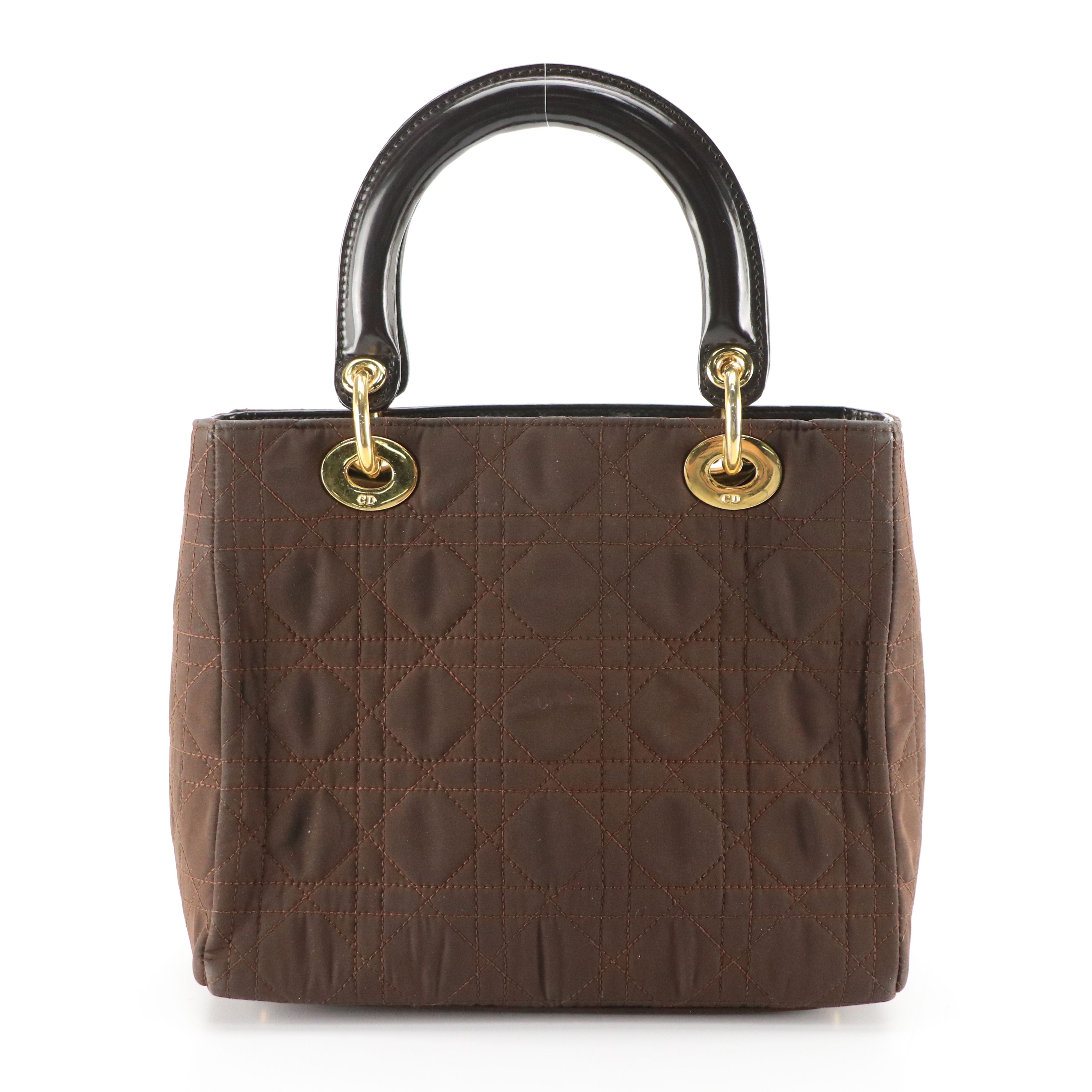 Christian Dior Brown Cannage Quilted Nylon and Glazed Leather Lady Dior Handbag