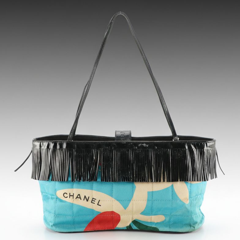 Chanel Quilted Printed Textile and Black Patent Leather Small Fringe Tote