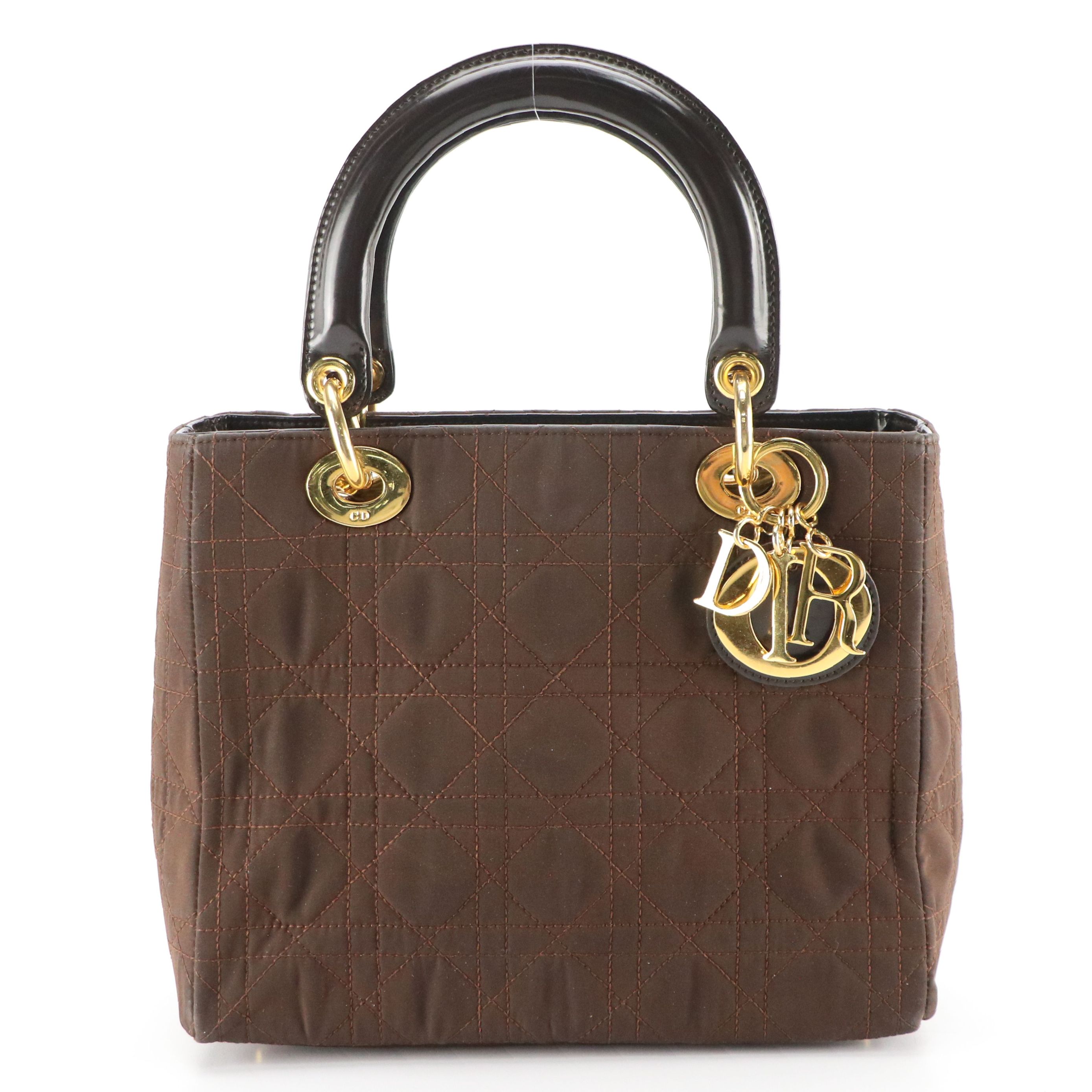 Christian Dior Brown Cannage Quilted Nylon and Glazed Leather Lady Dior Handbag