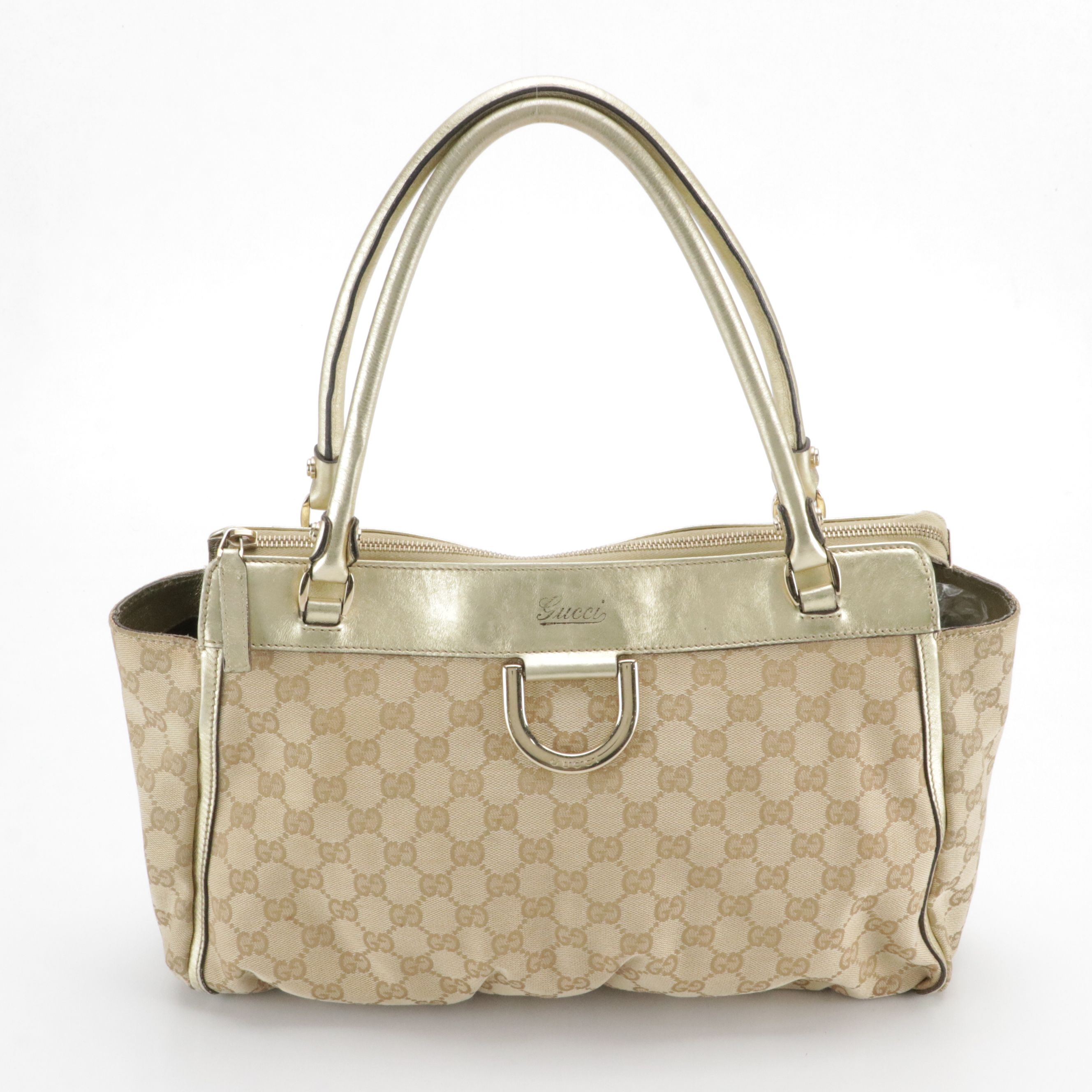 Gucci Abbey D-Ring Zip Tote in GG Canvas and Metallic Gold Calfskin Leather