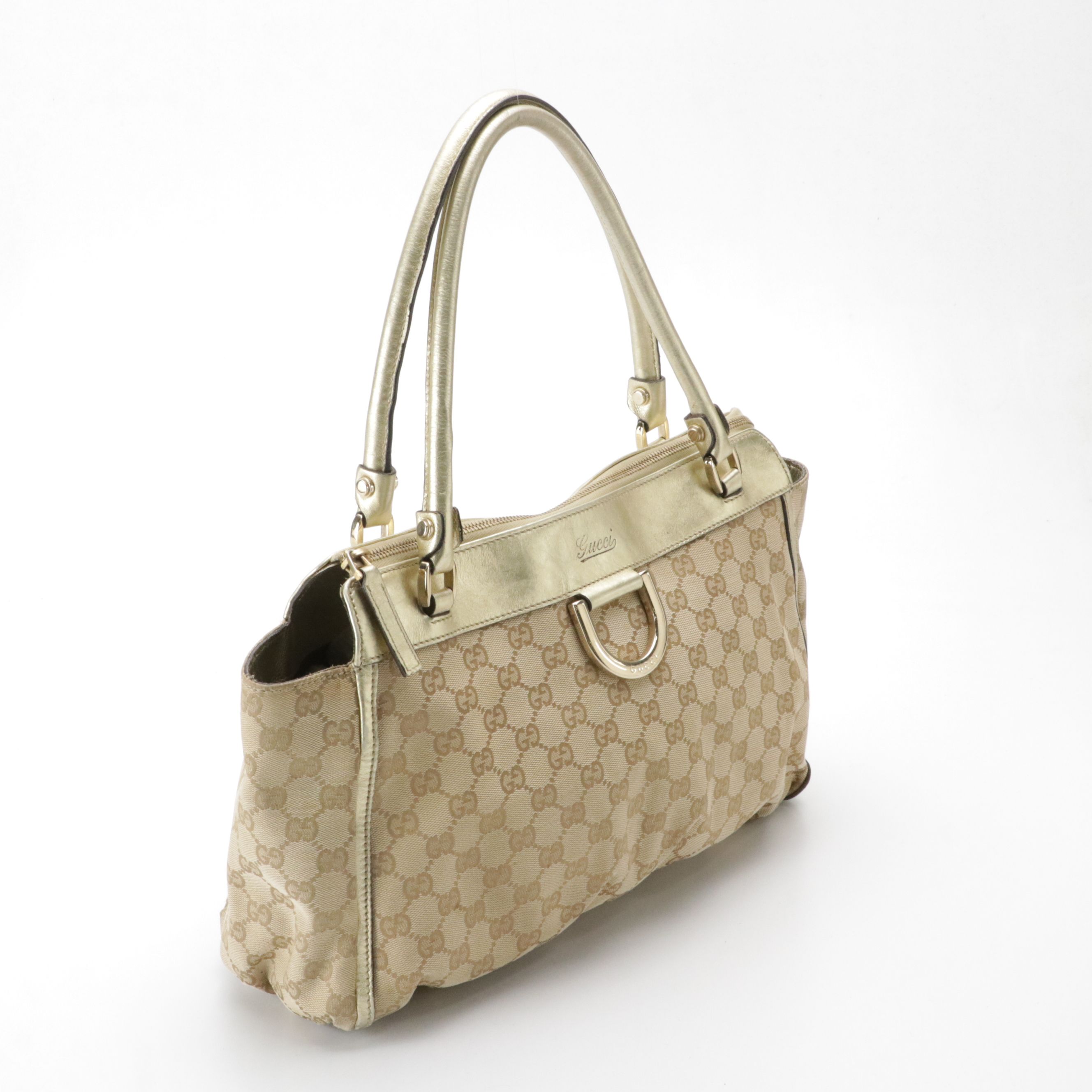 Gucci Abbey D-Ring Zip Tote in GG Canvas and Metallic Gold Calfskin Leather