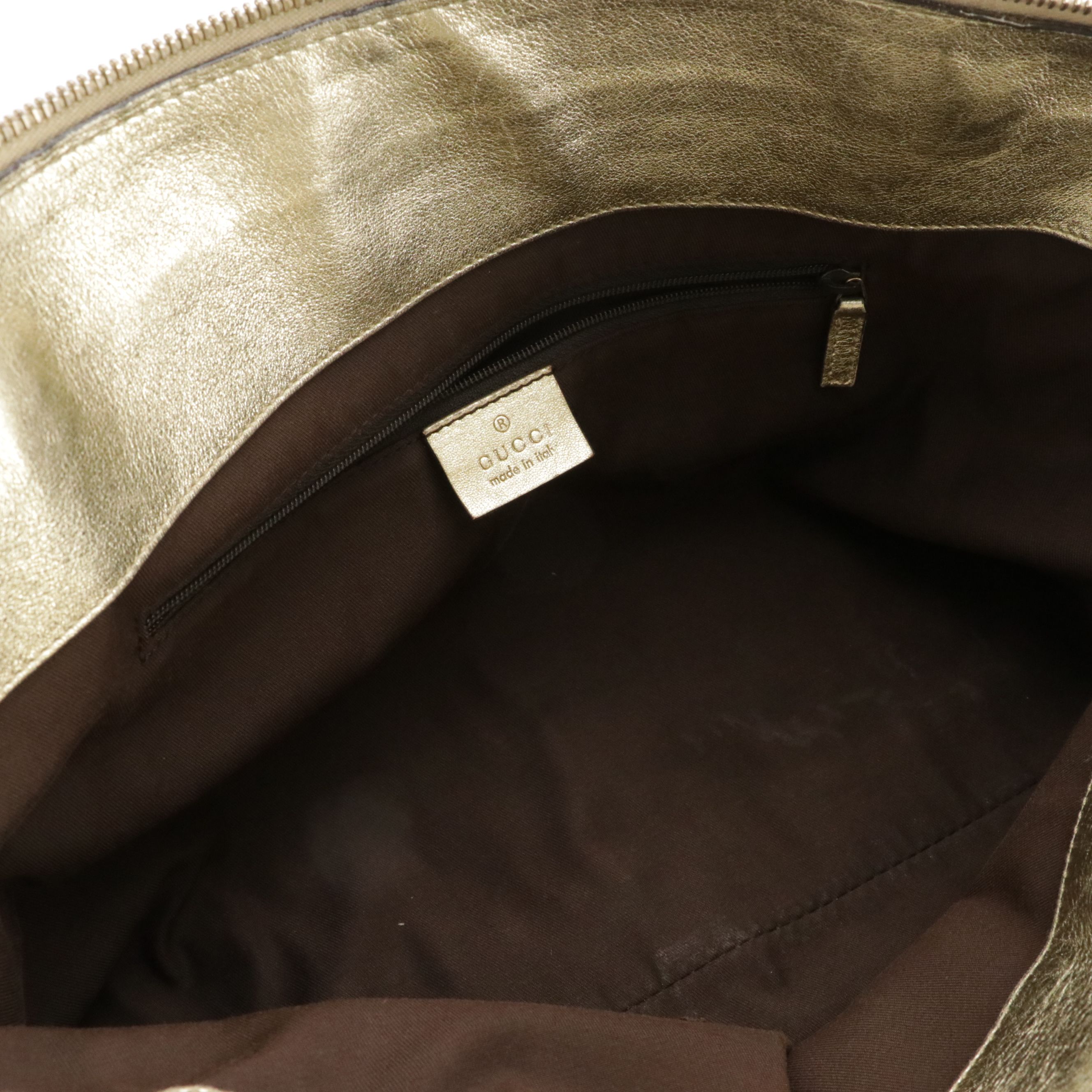 Gucci Abbey D-Ring Zip Tote in GG Canvas and Metallic Gold Calfskin Leather