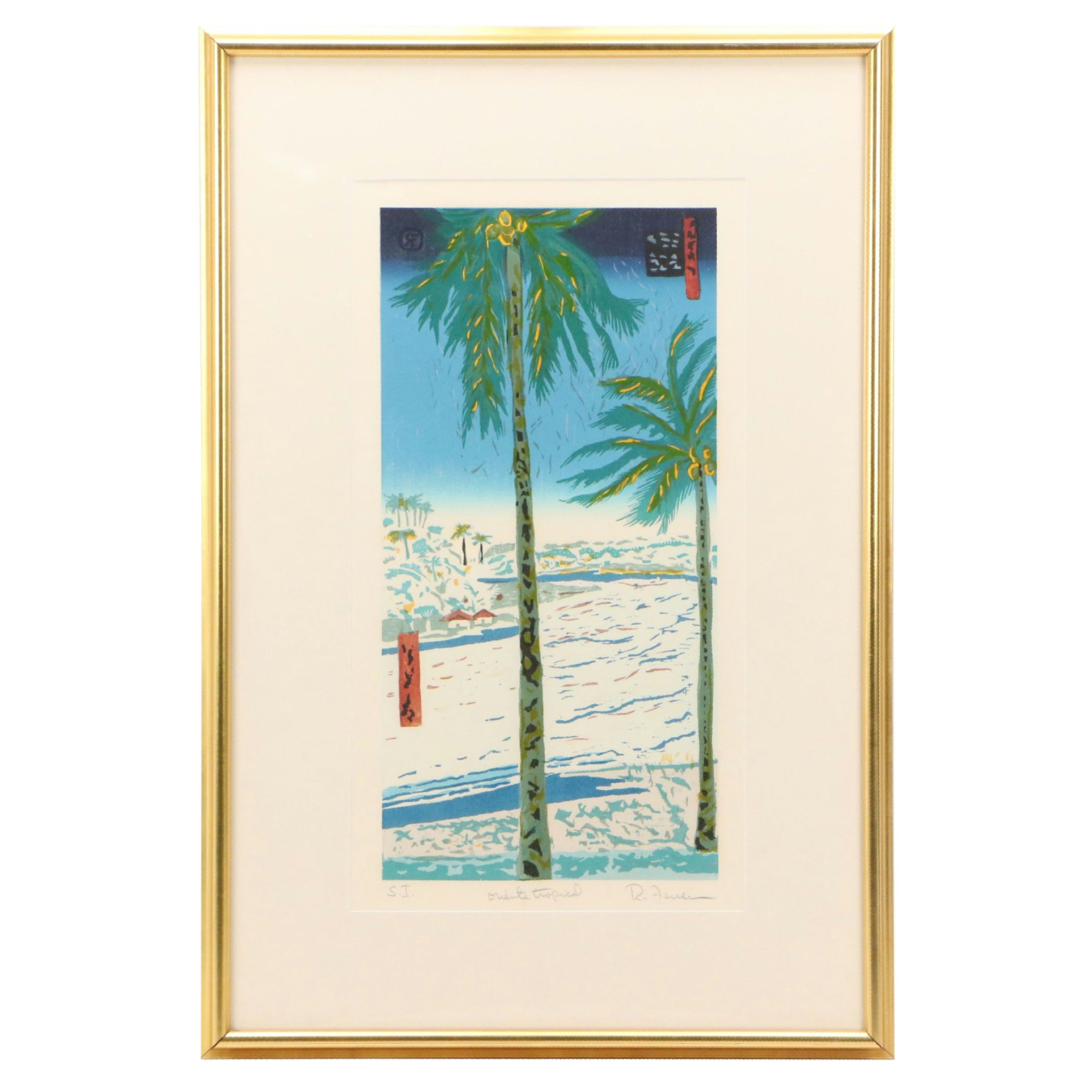 Rafael Ferrer Coastal Landscape Woodcut "Oriente Tropical"