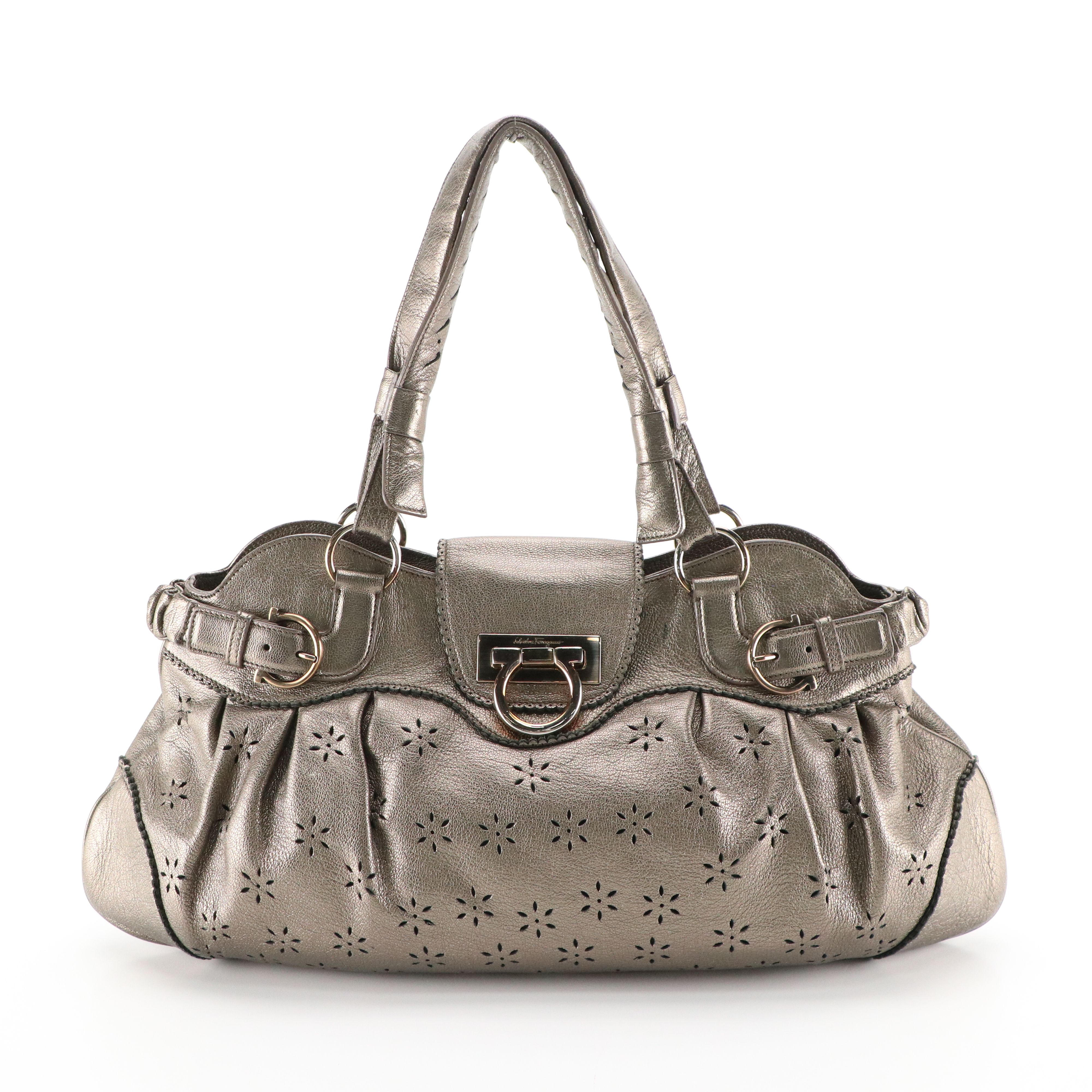 Salvatore Ferragamo Marisa Satchel in Flower Perforated Metallic Leather