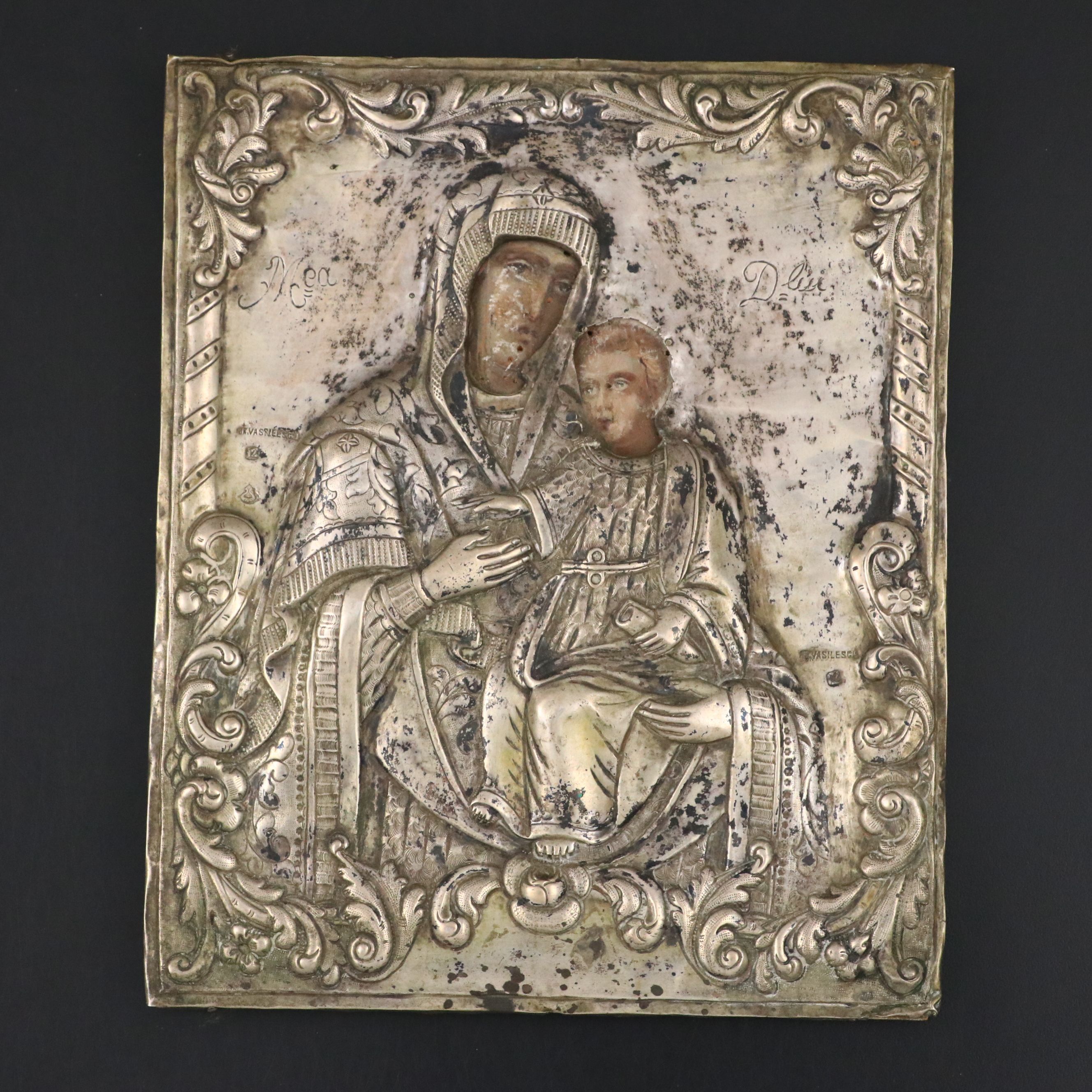 Antique Romanian Orthodox Icon of the Virgin Hodegetria with Silver Riza