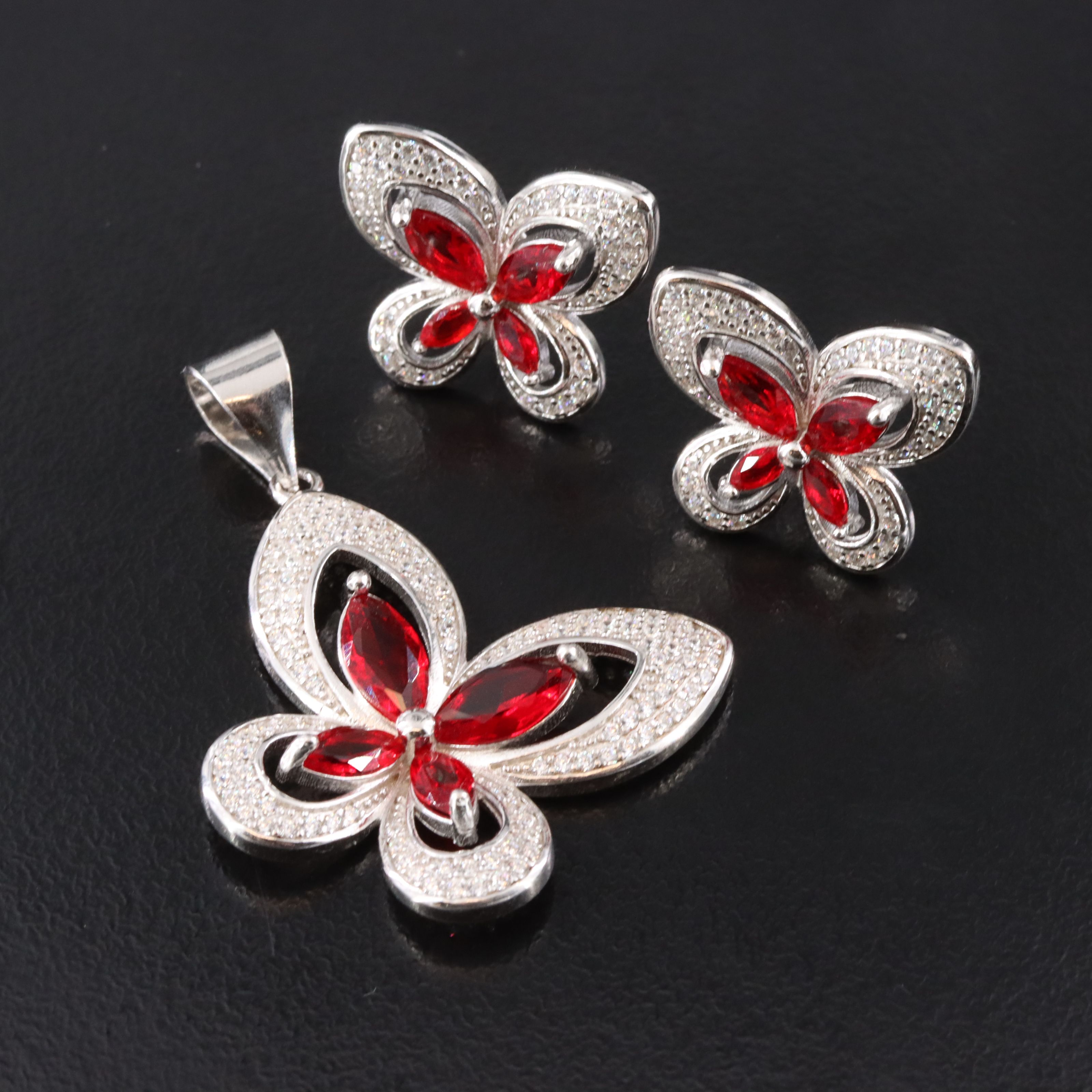 Sterling Glass and CZ Butterfly Pendant and Earrings