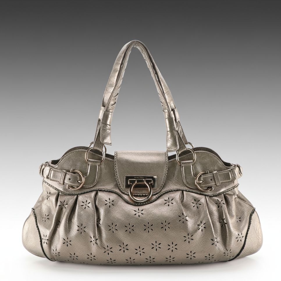 Salvatore Ferragamo Marisa Satchel in Flower Perforated Metallic Leather