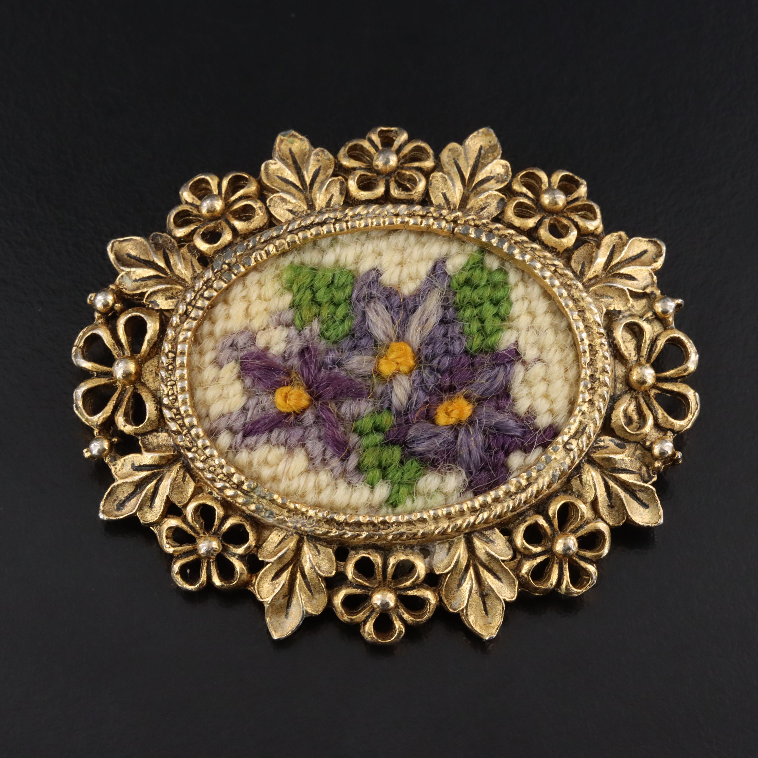 Vintage Needlepoint Floral Brooch