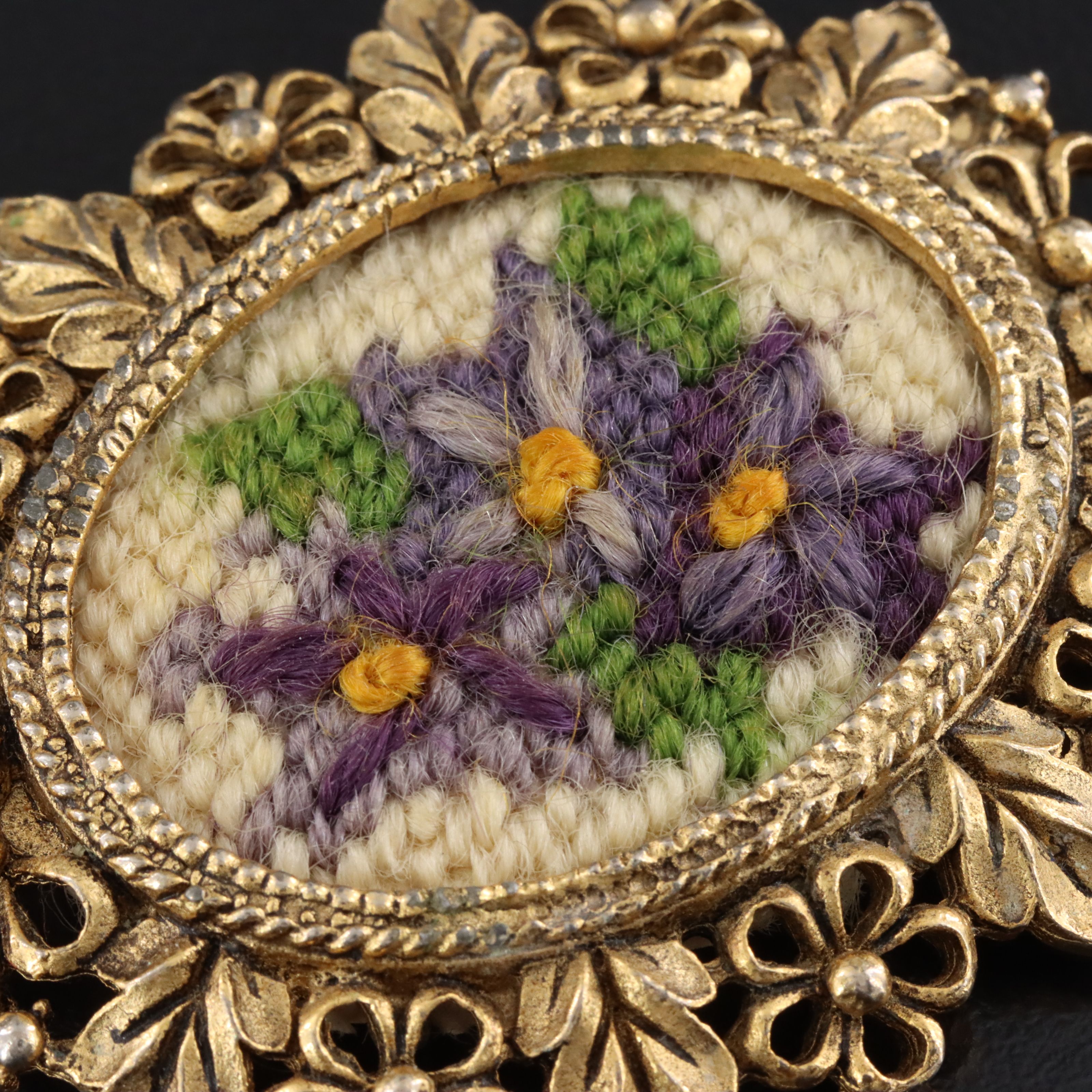 Vintage Needlepoint Floral Brooch
