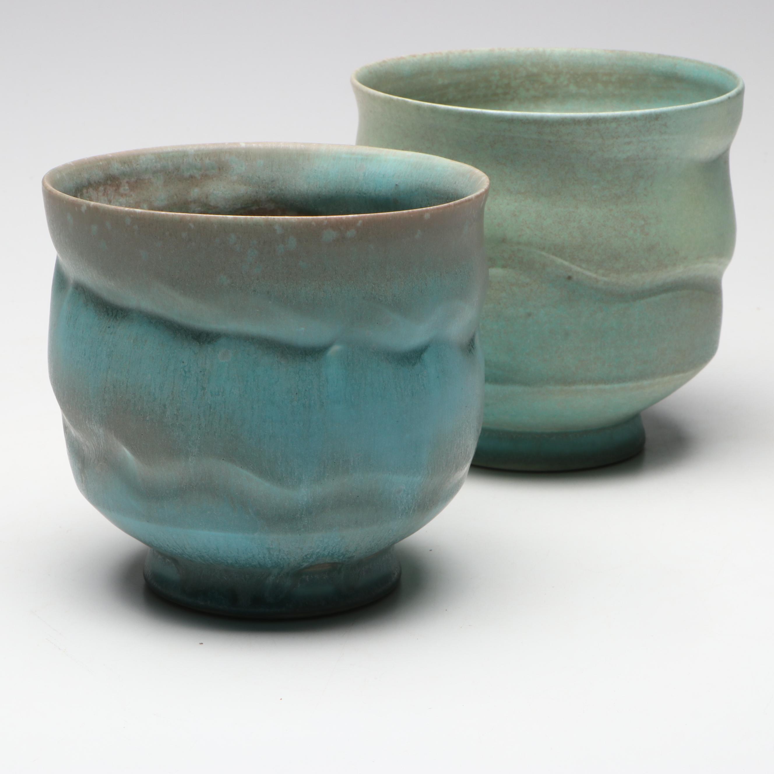 Pair of Artist Signed Wheel Thrown Ceramic Planters