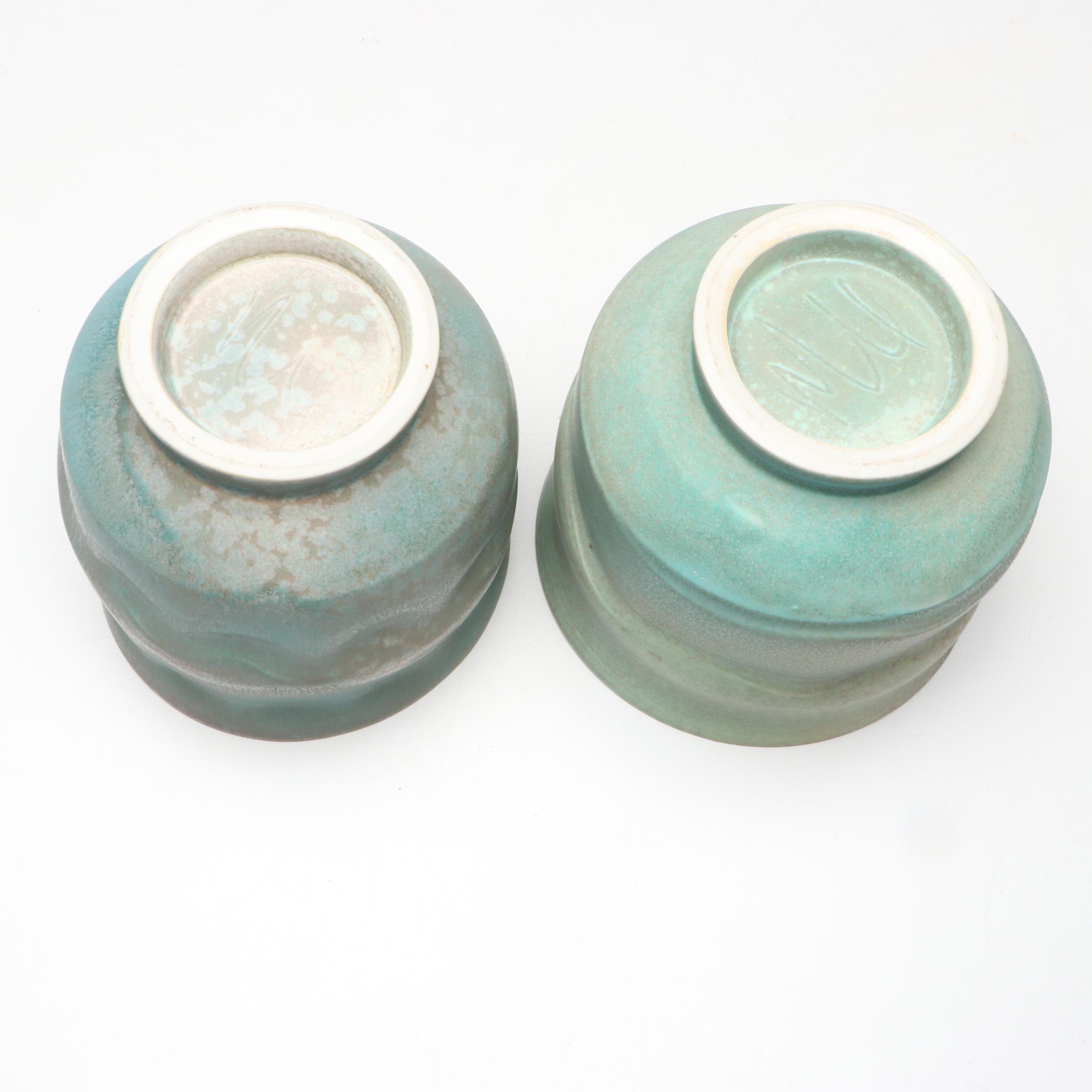 Pair of Artist Signed Wheel Thrown Ceramic Planters