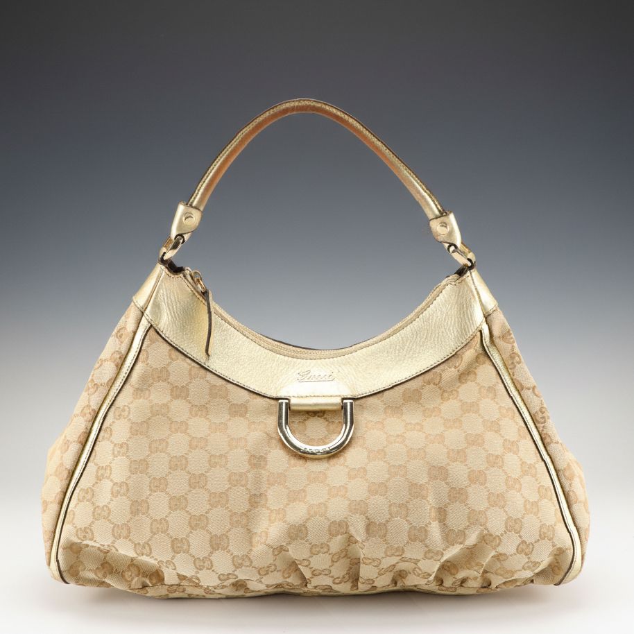 Gucci Abbey D-Ring Hobo Shoulder Bag in GG Canvas and Metallic Gold Leather