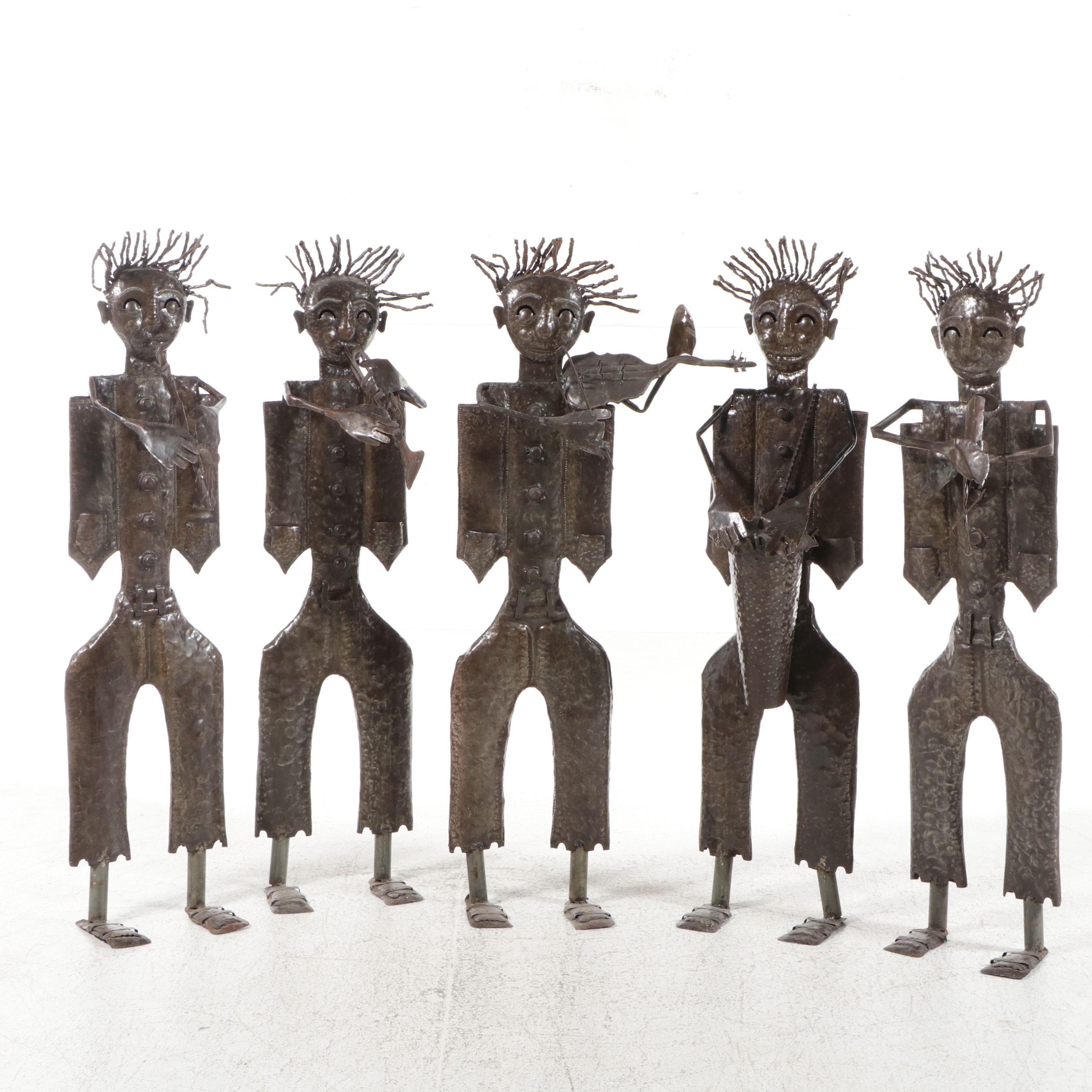 Handcrafted Folk Art Style Metal Figural Musician Sculptures