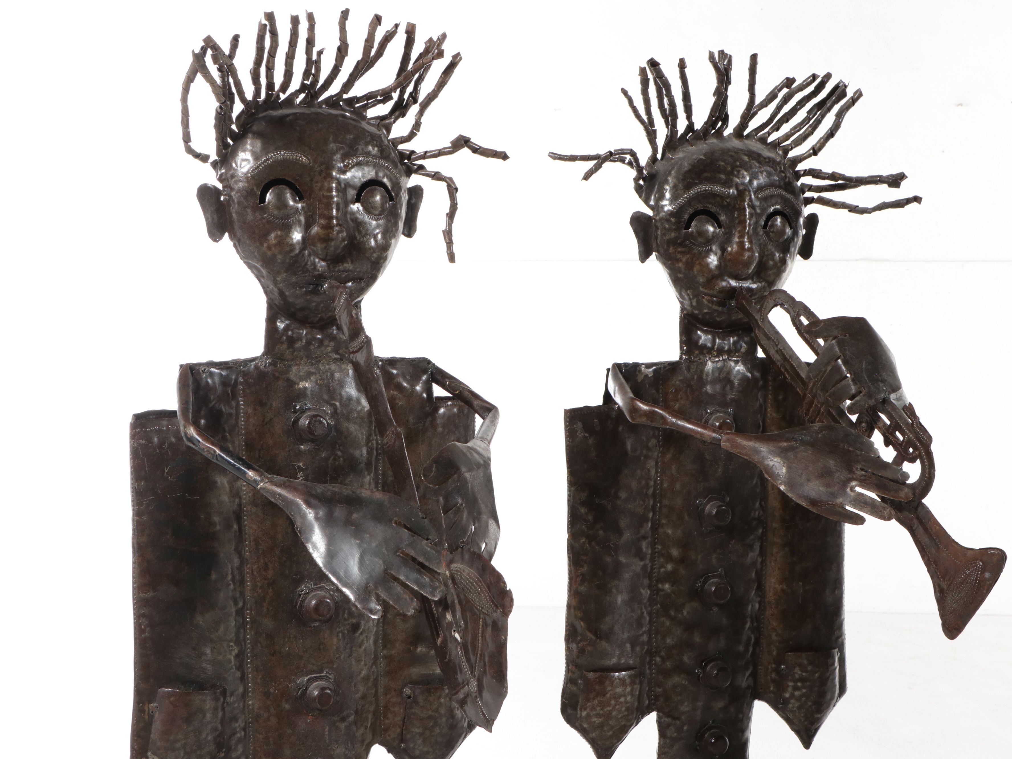 Handcrafted Folk Art Style Metal Figural Musician Sculptures